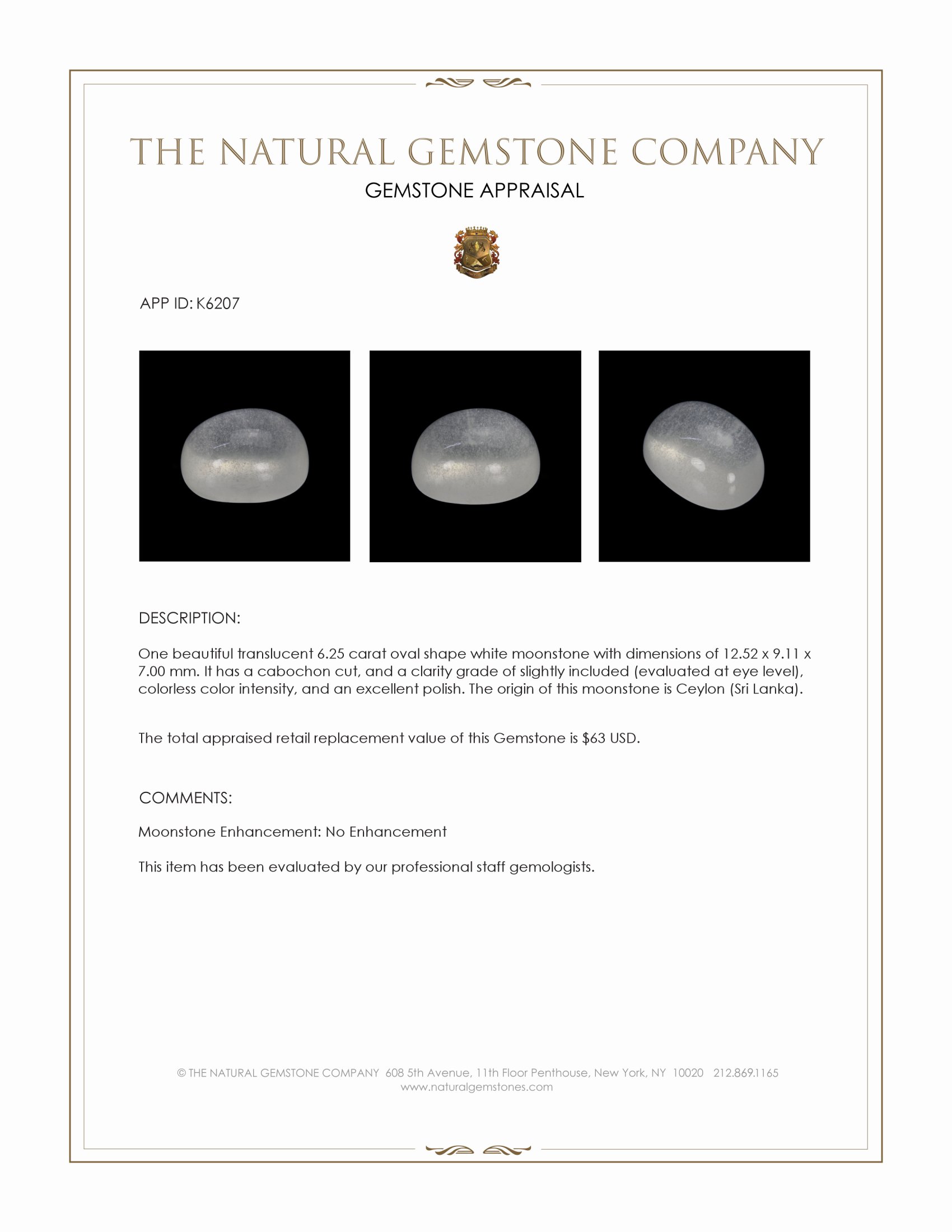 6.25 Ct. Cabochon Moonstone from Ceylon (Sri Lanka)