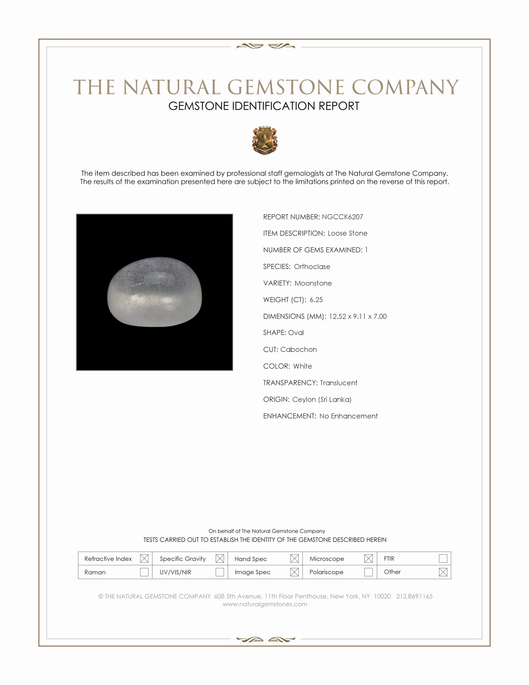 6.25 Ct. White Cabochon Moonstone from Ceylon (Sri Lanka)