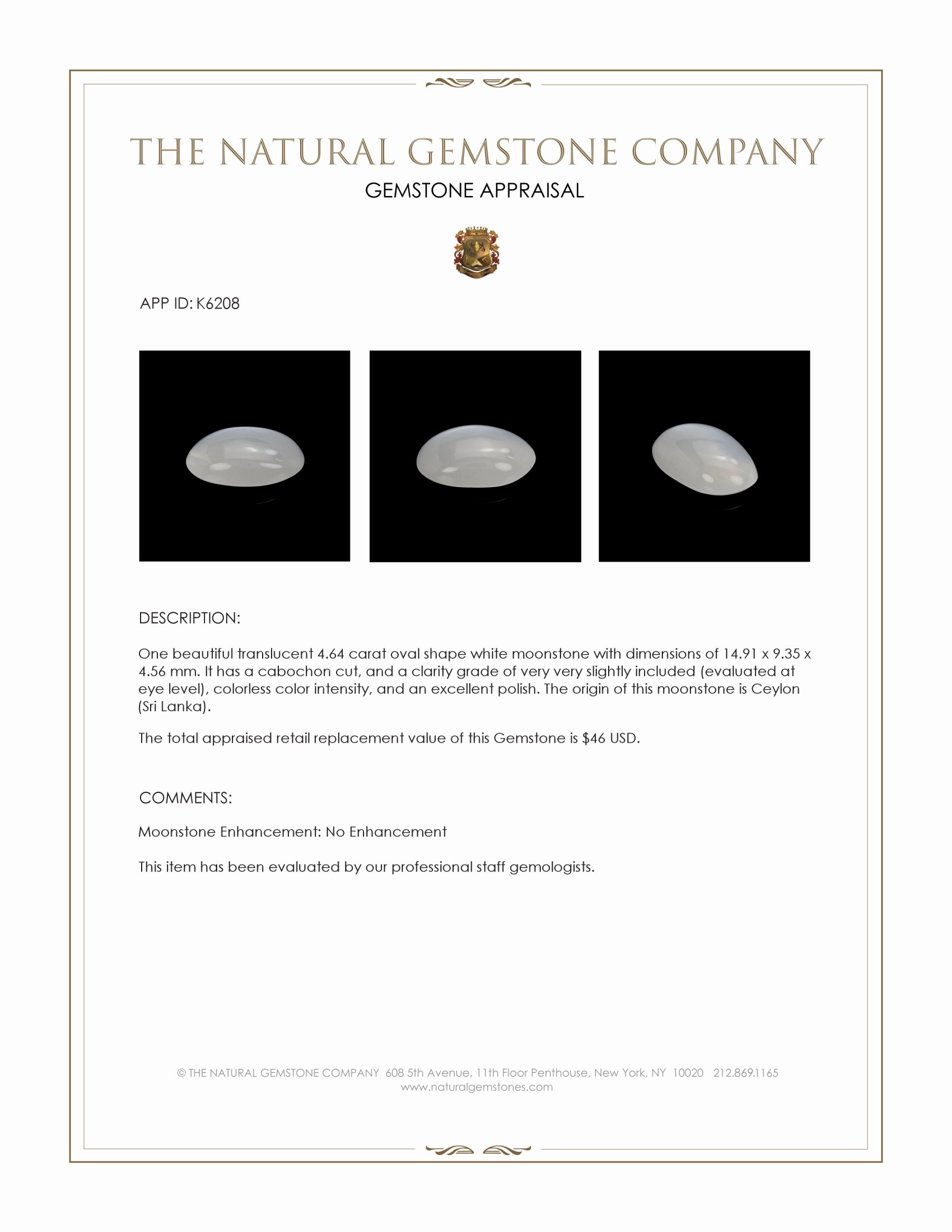 4.64 Ct. Cabochon Moonstone from Ceylon (Sri Lanka)