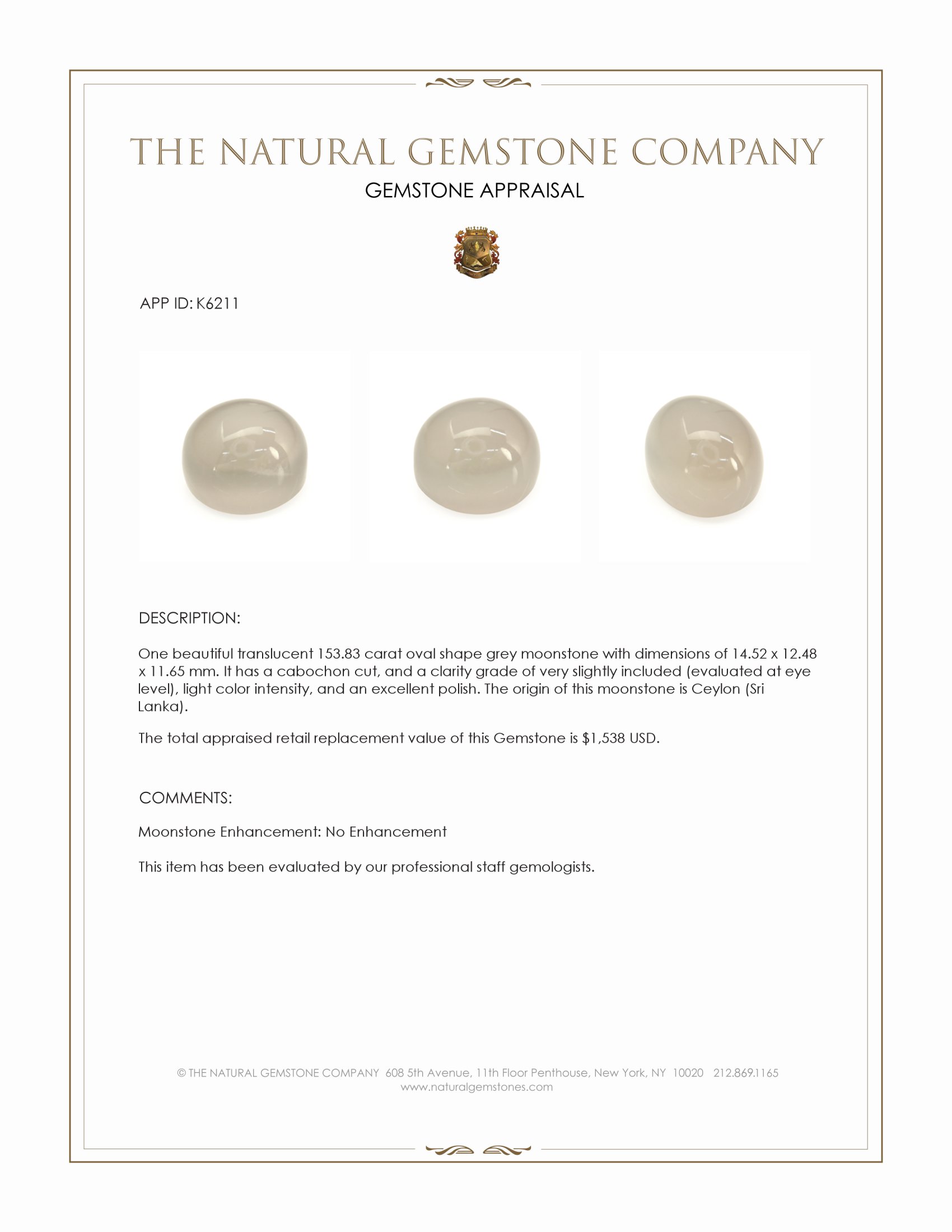 153.83 Ct. Grey Cabochon Moonstone from Ceylon (Sri Lanka)