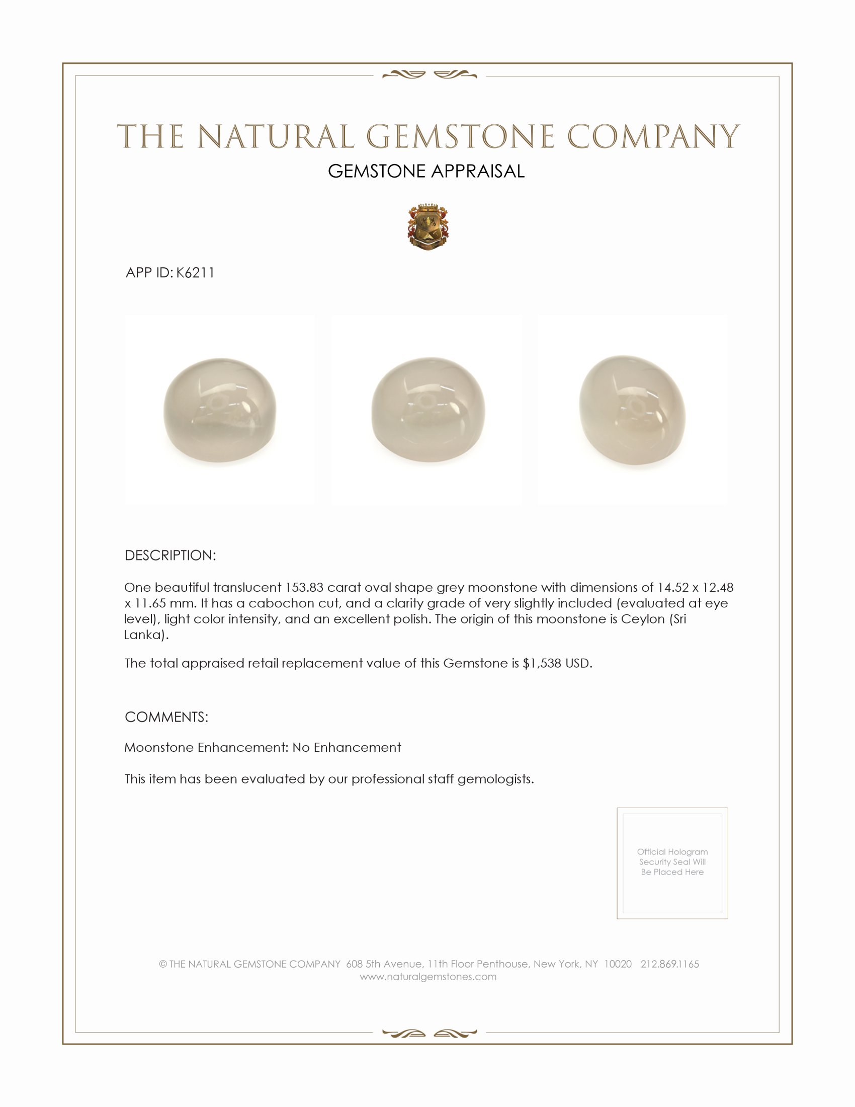 153.83 Ct. Cabochon Moonstone from Ceylon (Sri Lanka)