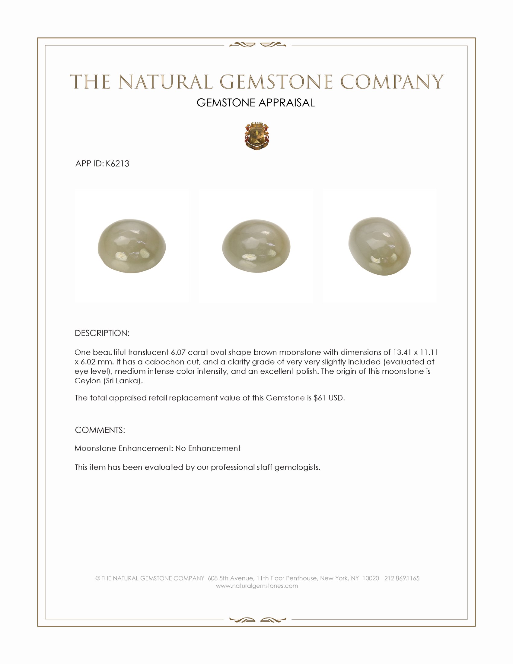 6.07 Ct. Cabochon Moonstone from Ceylon (Sri Lanka)