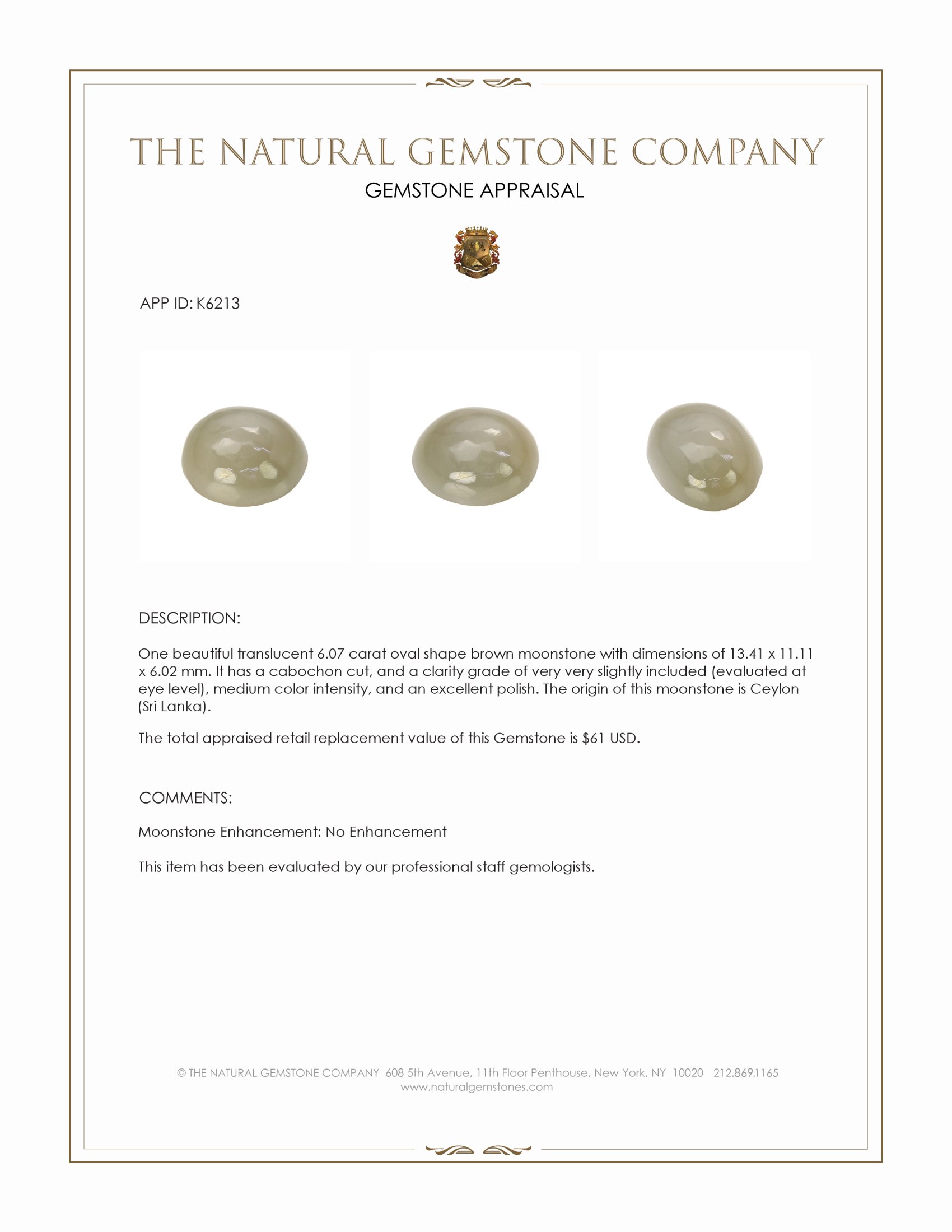 6.07 Ct. Cabochon Moonstone from Ceylon (Sri Lanka)