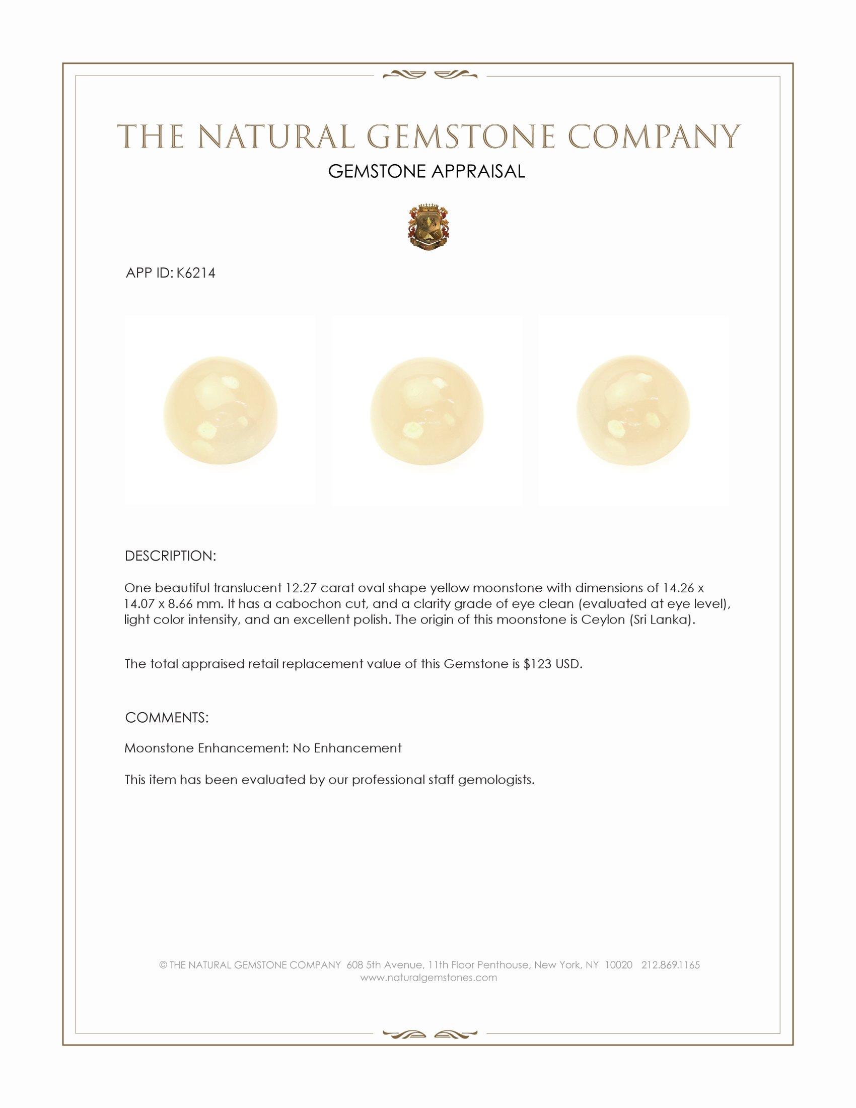 12.27 Ct. Yellow Cabochon Moonstone from Ceylon (Sri Lanka)