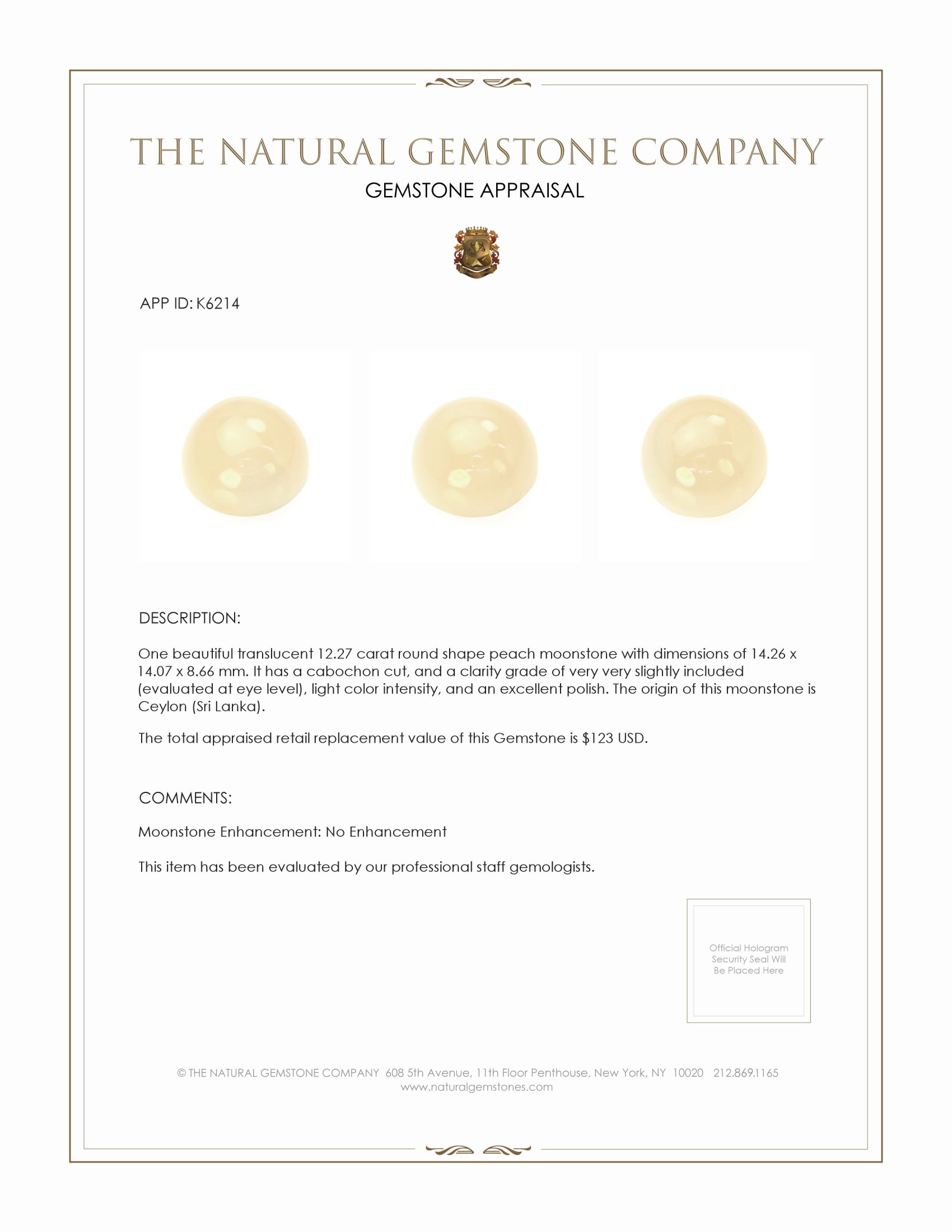 12.27 Ct. Cabochon Moonstone from Ceylon (Sri Lanka)