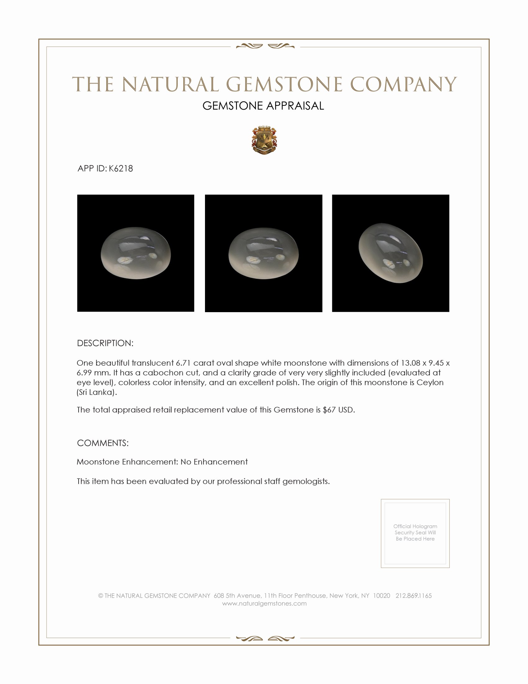 6.71 Ct. White Cabochon Moonstone from Ceylon (Sri Lanka)