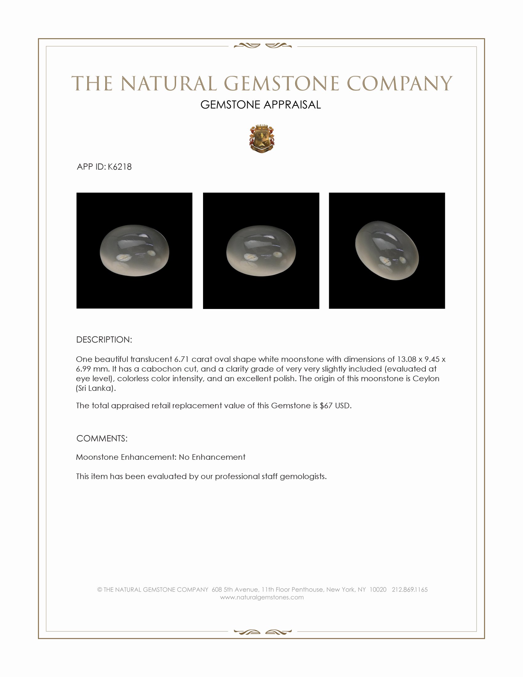 6.71 Ct. Cabochon Moonstone from Ceylon (Sri Lanka)