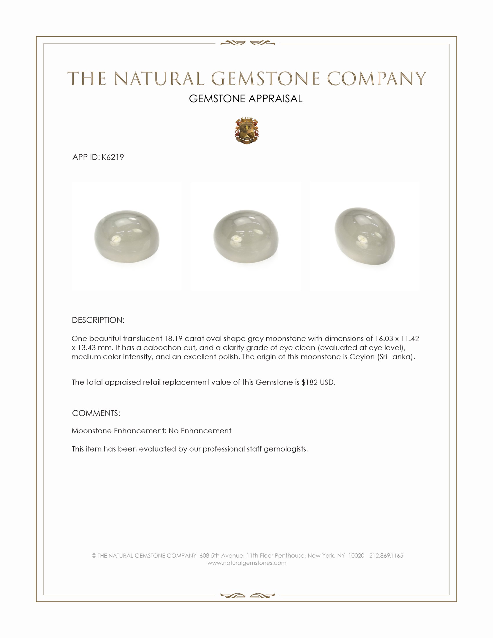 18.19 Ct. Grey Cabochon Moonstone from Ceylon (Sri Lanka)