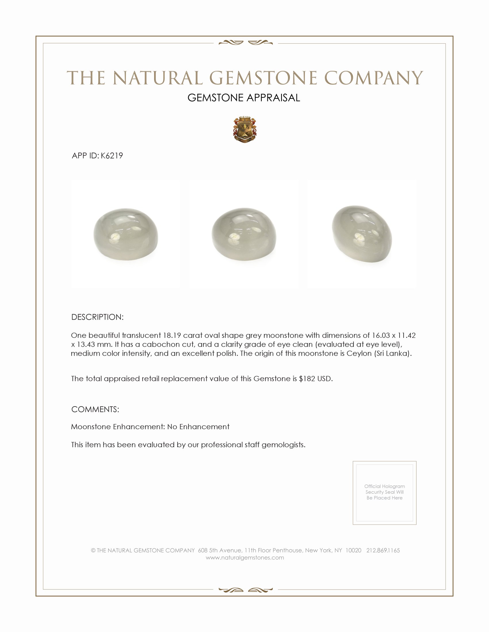 18.19 Ct. Cabochon Moonstone from Ceylon (Sri Lanka)