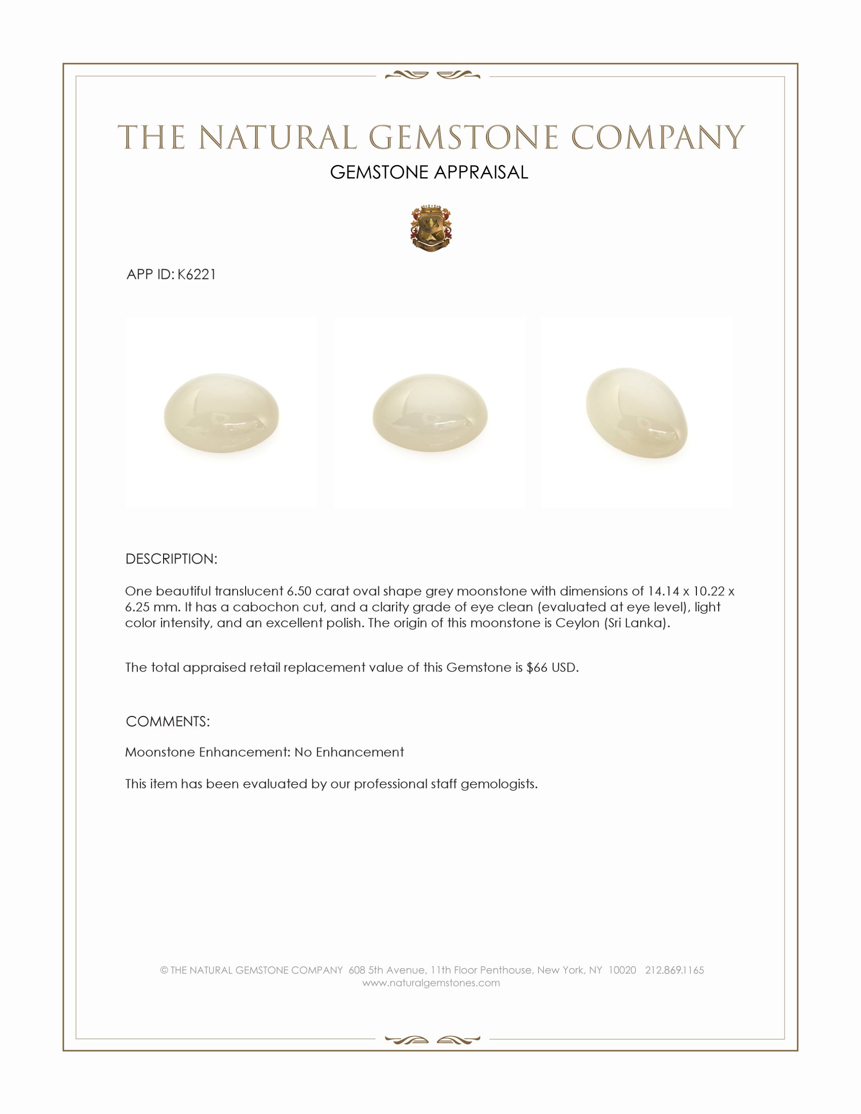 6.50 Ct. Grey Cabochon Moonstone from Ceylon (Sri Lanka)