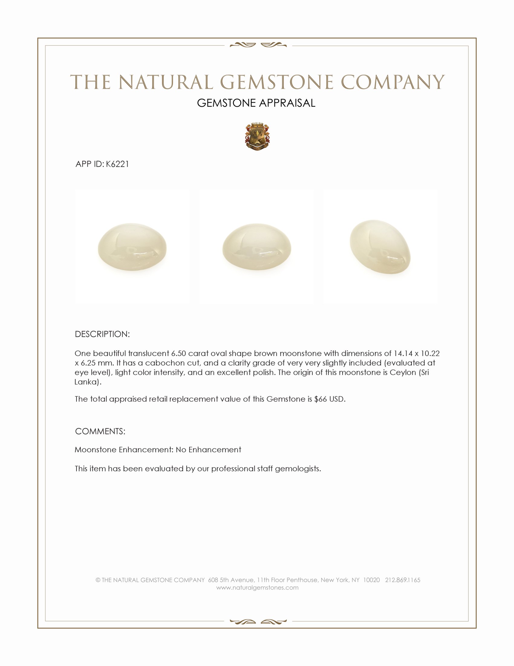 6.50 Ct. Cabochon Moonstone from Ceylon (Sri Lanka)