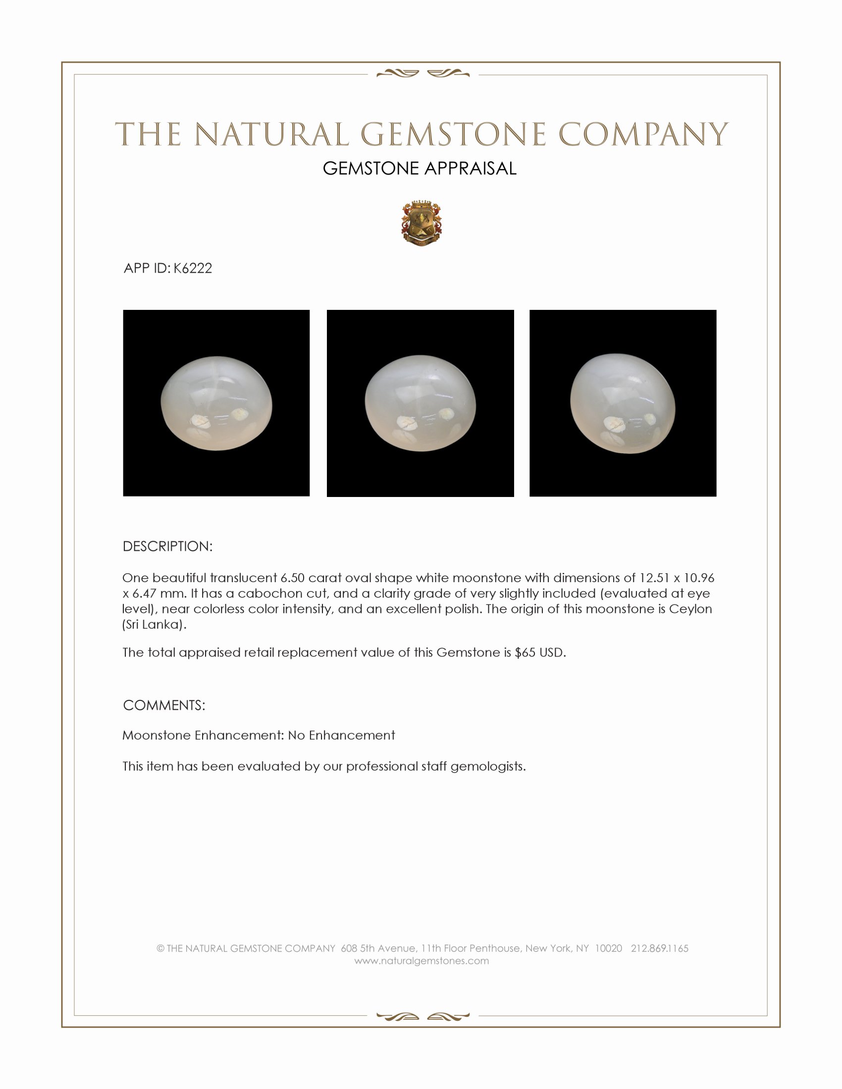 6.50 Ct. Cabochon Moonstone from Ceylon (Sri Lanka)