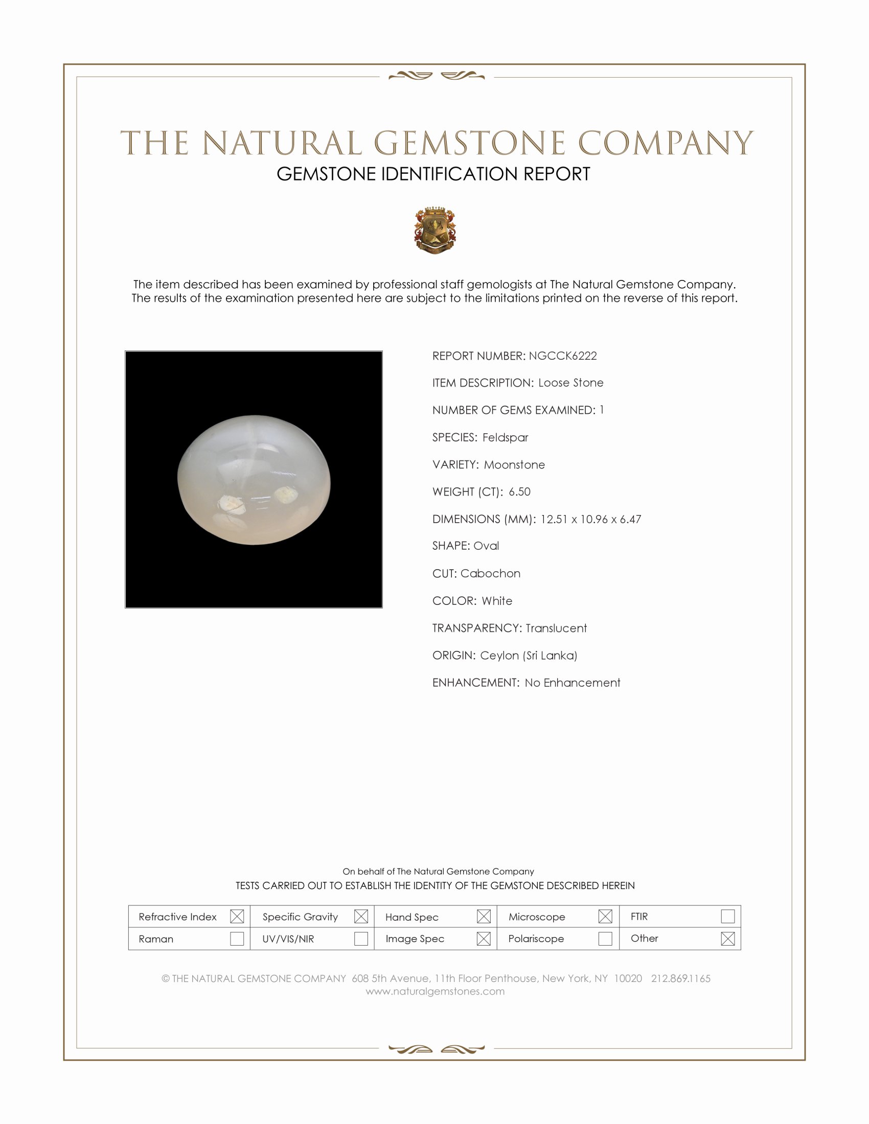 6.50 Ct. White Cabochon Moonstone from Ceylon (Sri Lanka)