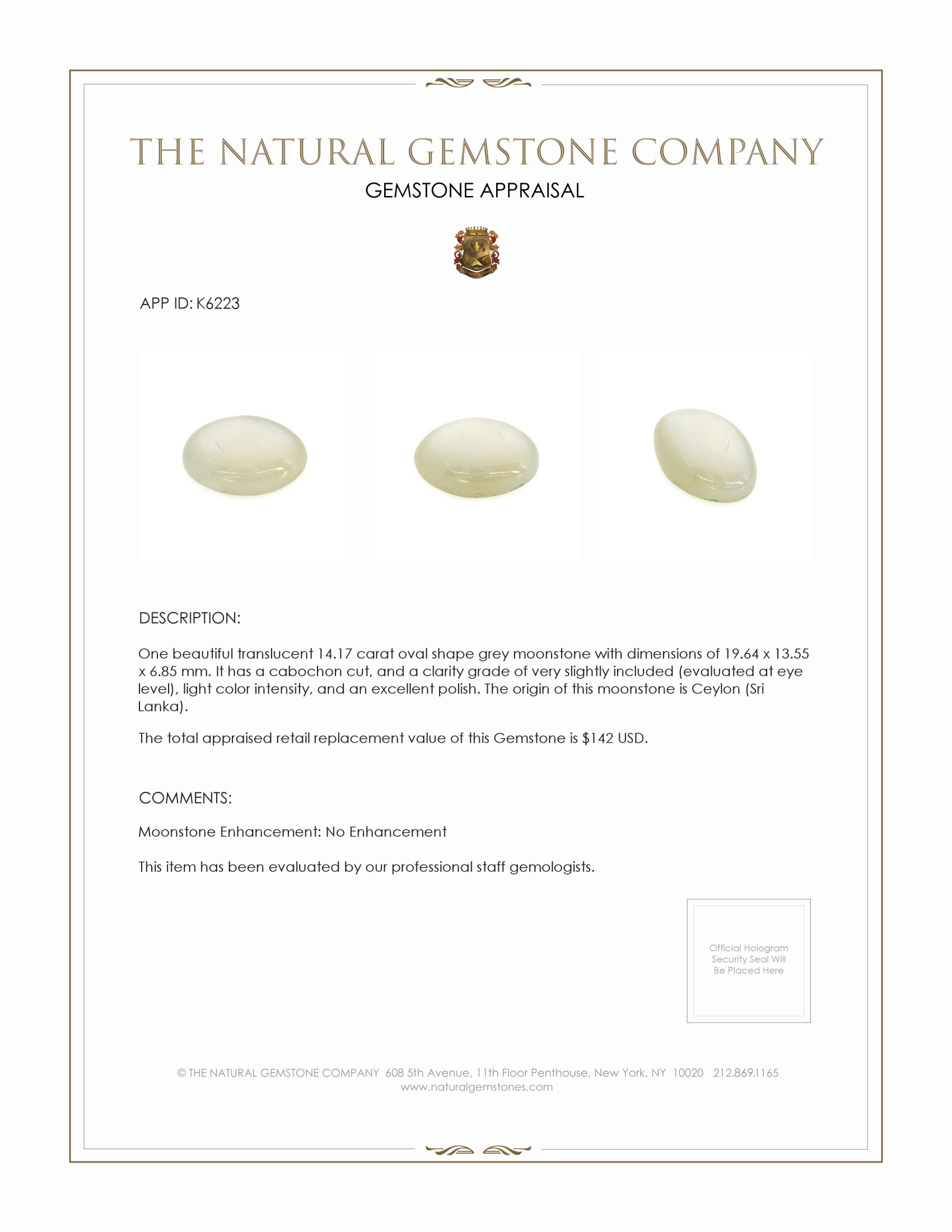 14.17 Ct. Grey Cabochon Moonstone from Ceylon (Sri Lanka)