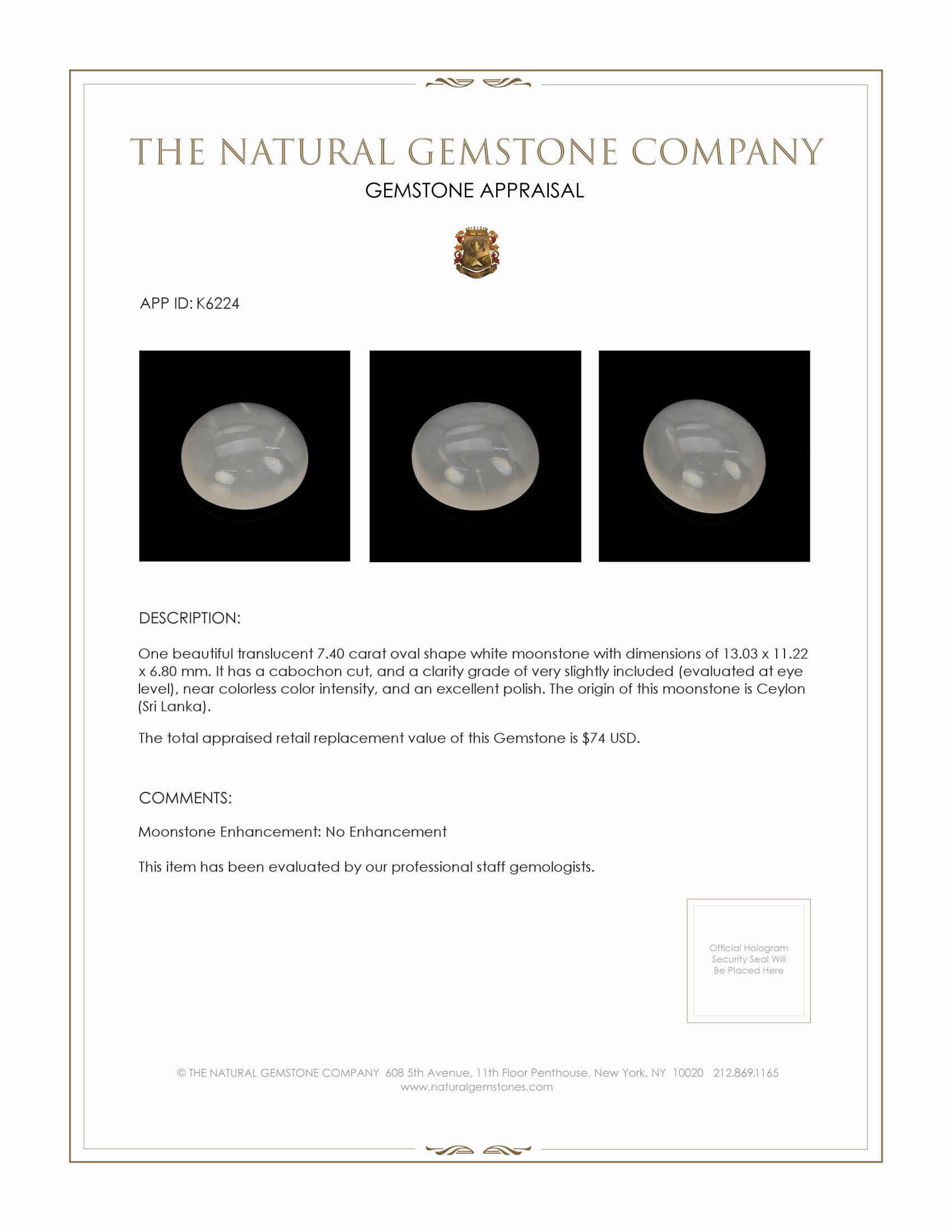 7.40 Ct. White Cabochon Moonstone from Ceylon (Sri Lanka)