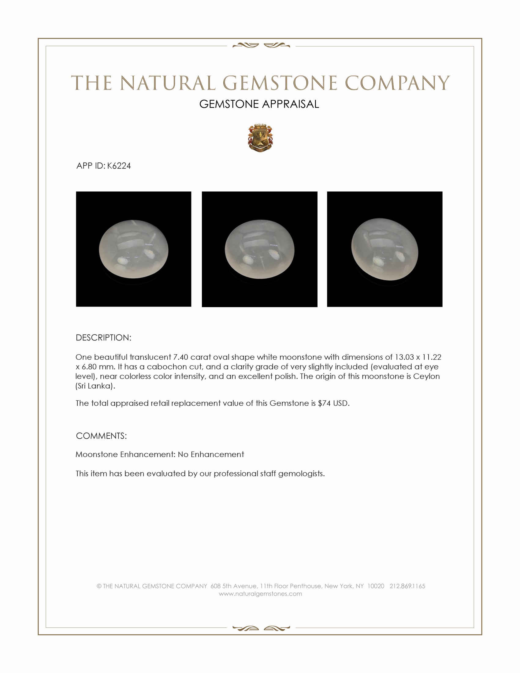 7.40 Ct. Cabochon Moonstone from Ceylon (Sri Lanka)