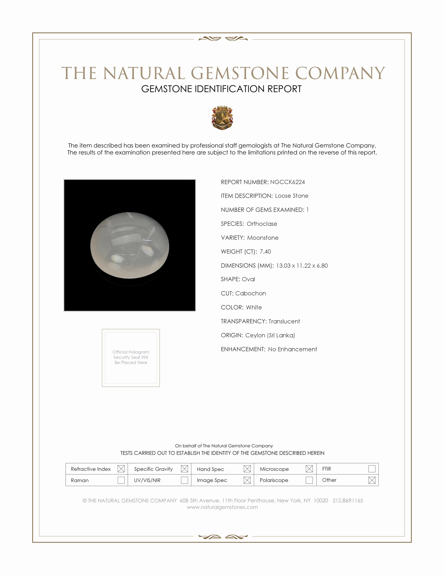 7.40 Ct. White Cabochon Moonstone from Ceylon (Sri Lanka)