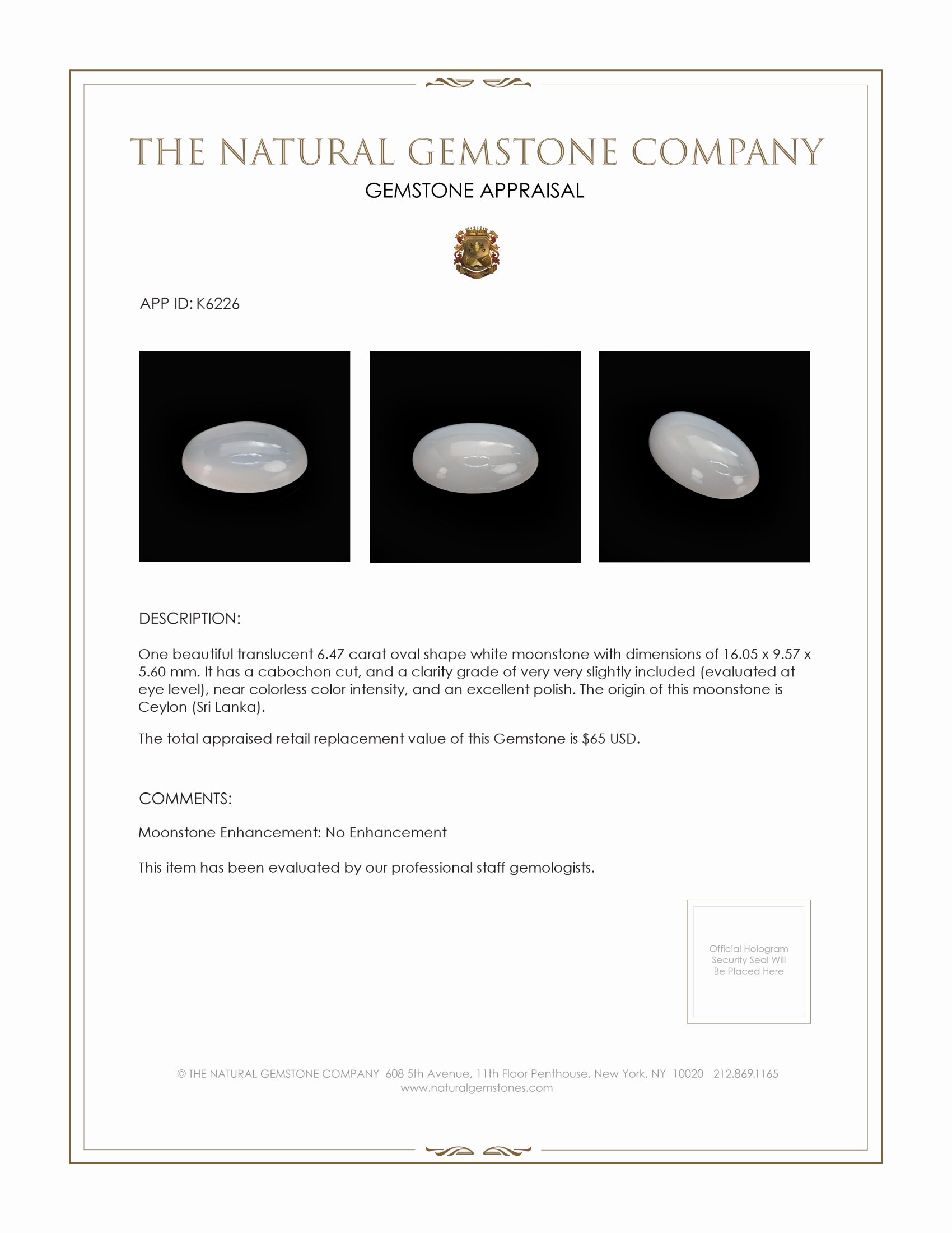 6.47 Ct. Cabochon Moonstone from Ceylon (Sri Lanka)