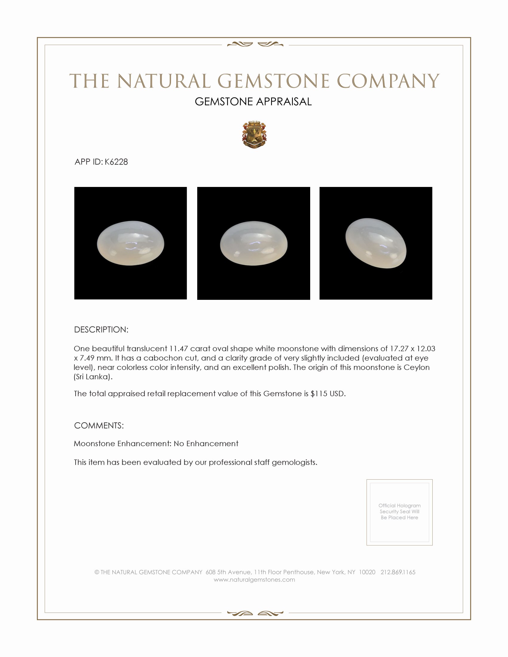 11.47 Ct. Cabochon Moonstone from Ceylon (Sri Lanka)