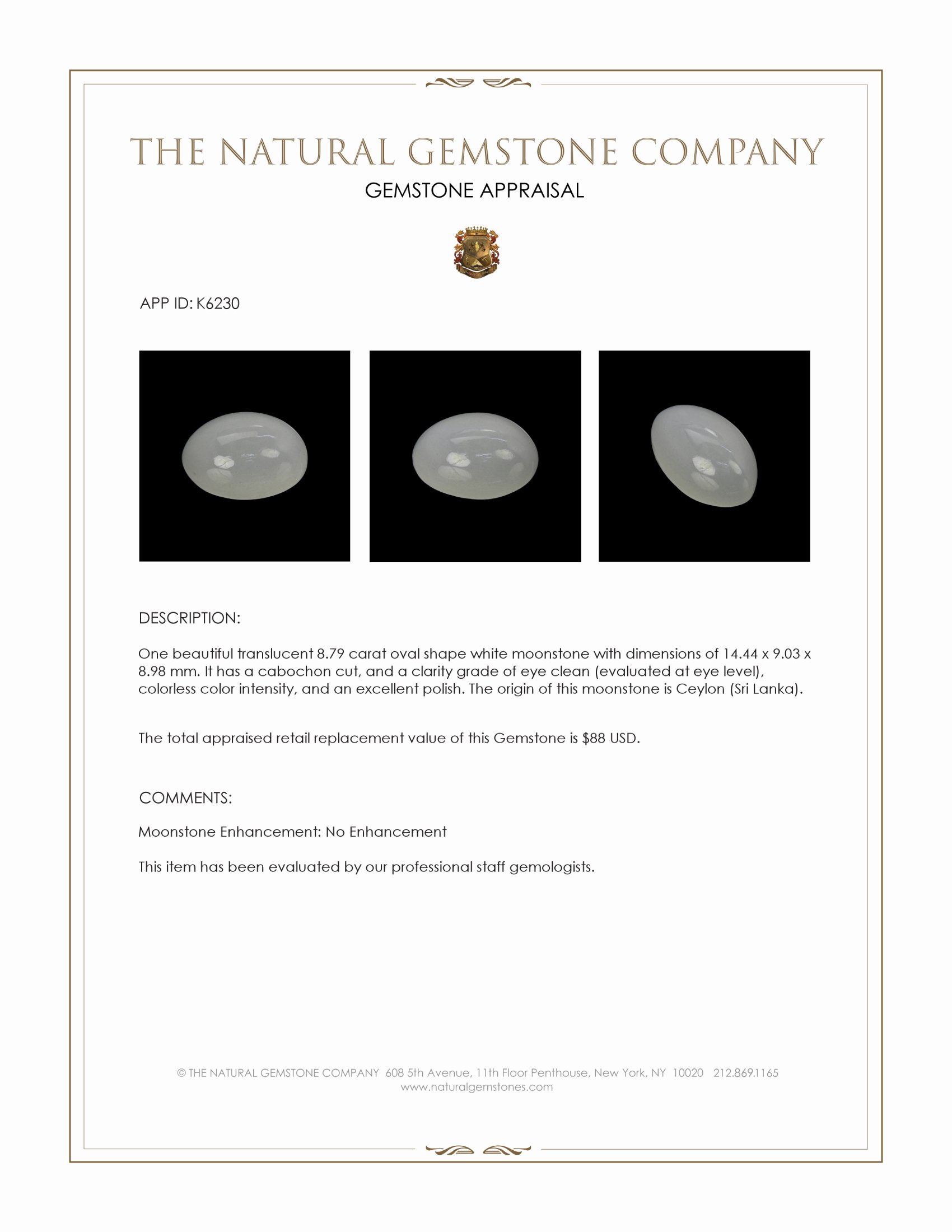 8.79 Ct. Cabochon Moonstone from Ceylon (Sri Lanka)