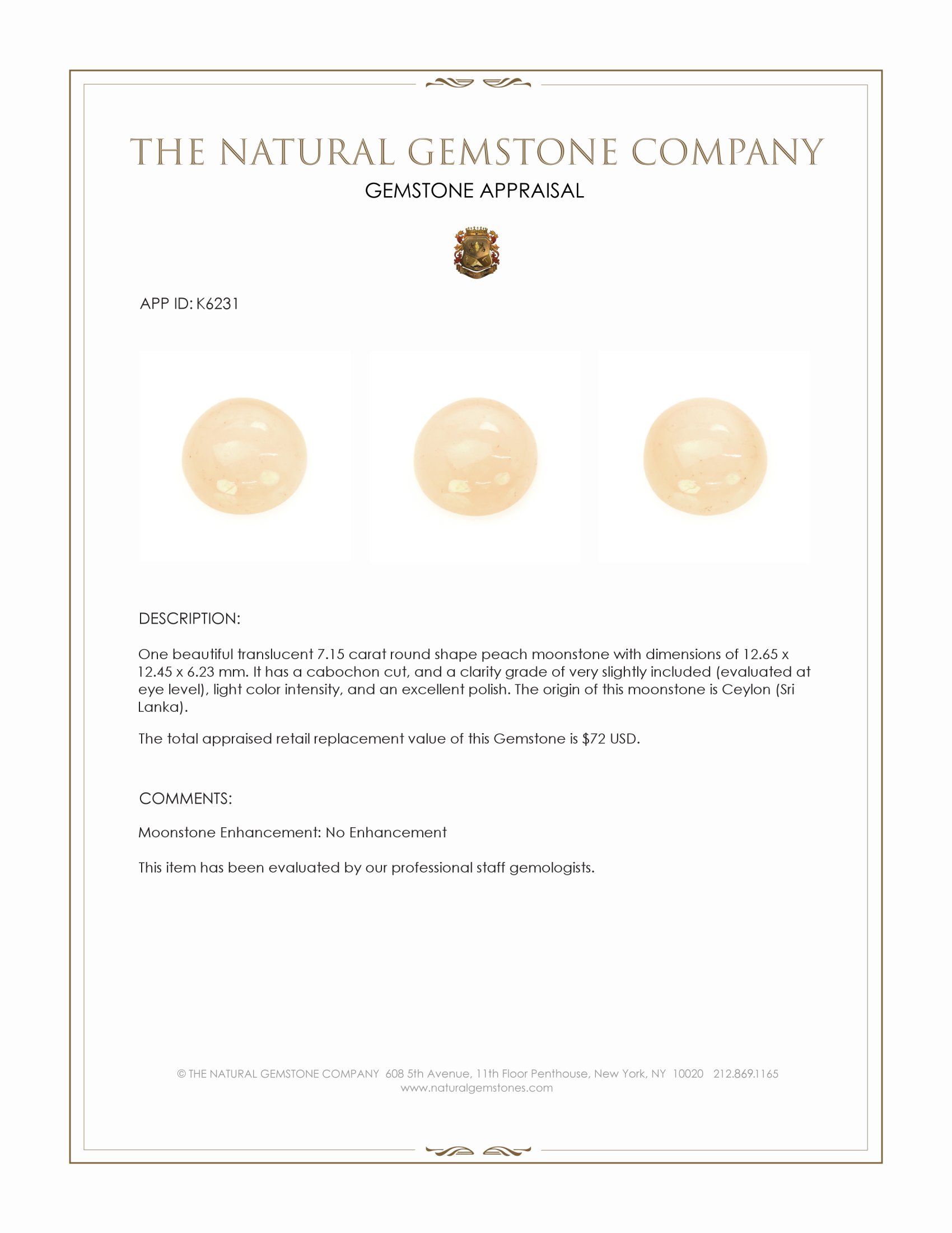 7.15 Ct. Cabochon Moonstone from Ceylon (Sri Lanka)