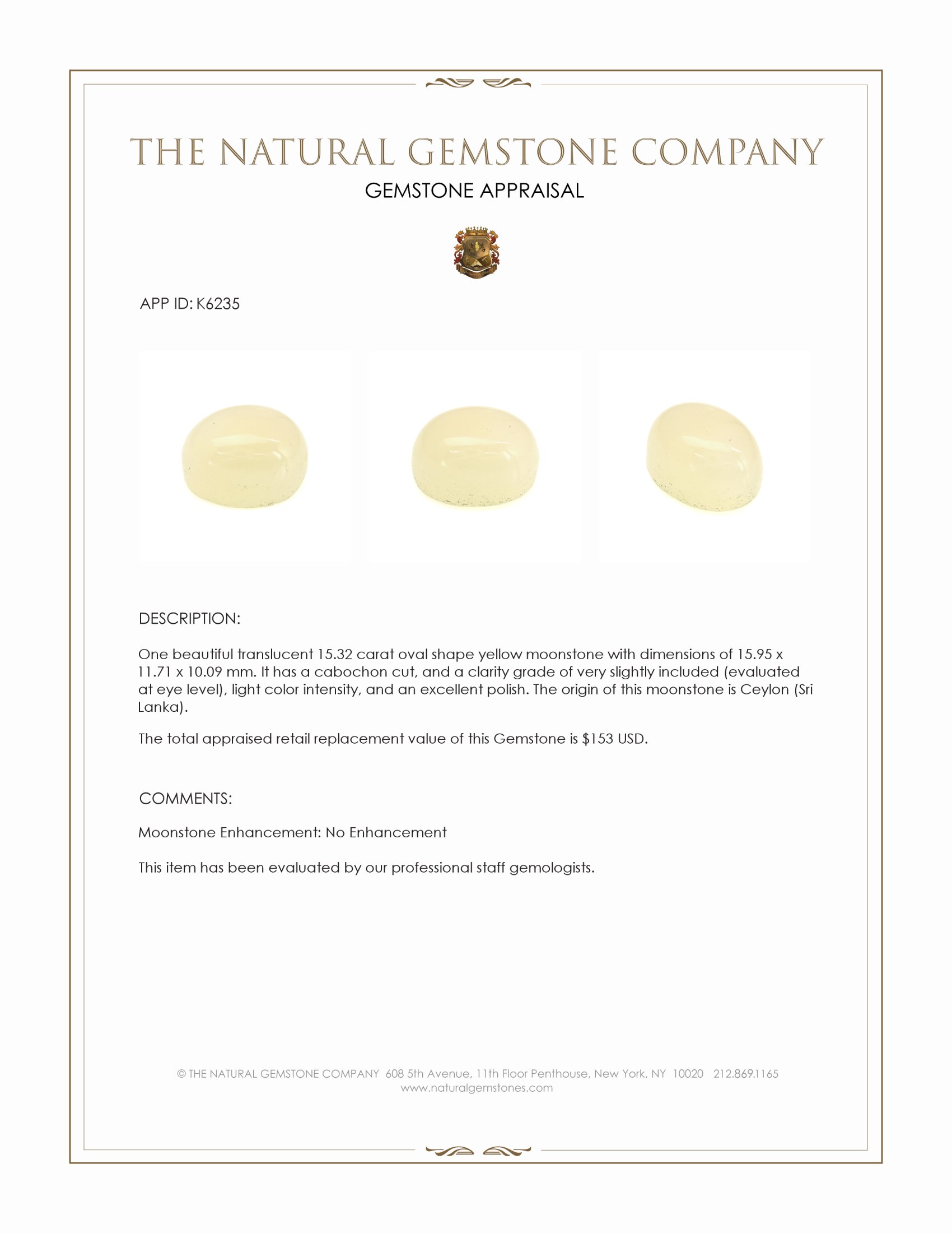 15.32 Ct. Yellow Cabochon Moonstone from Ceylon (Sri Lanka)