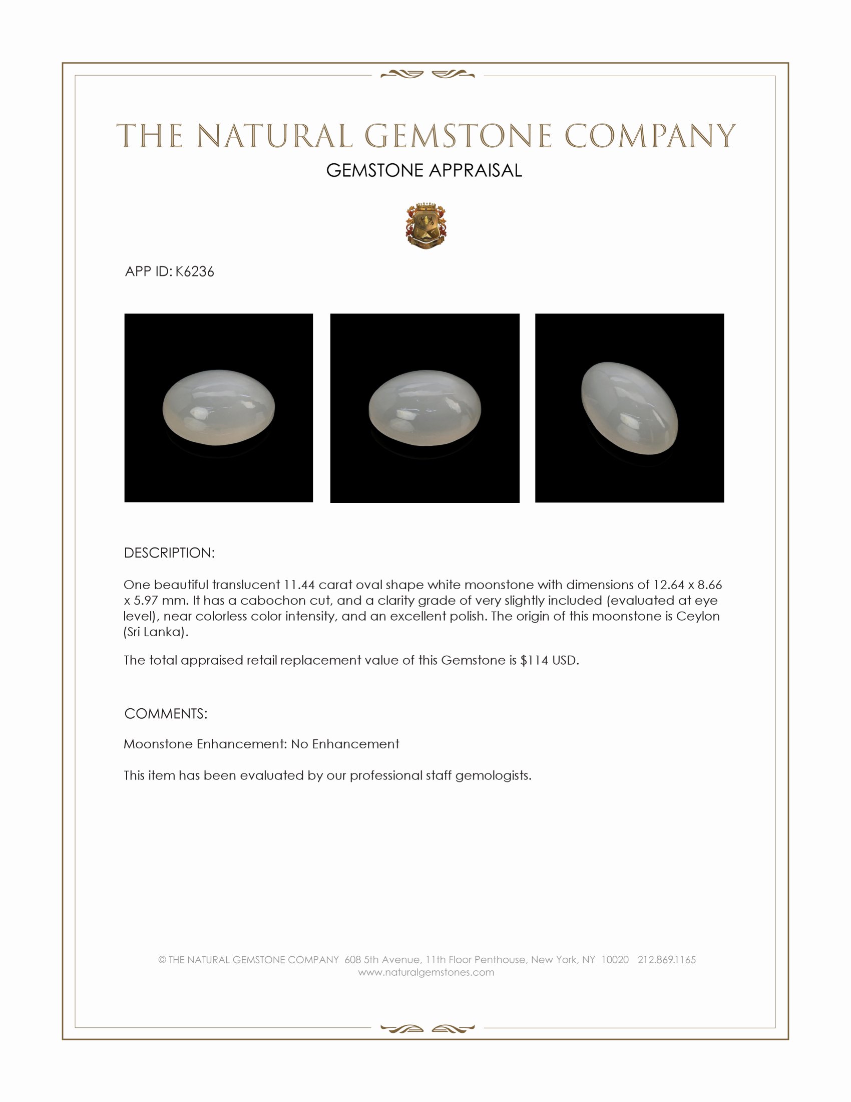 11.44 Ct. Cabochon Moonstone from Ceylon (Sri Lanka)