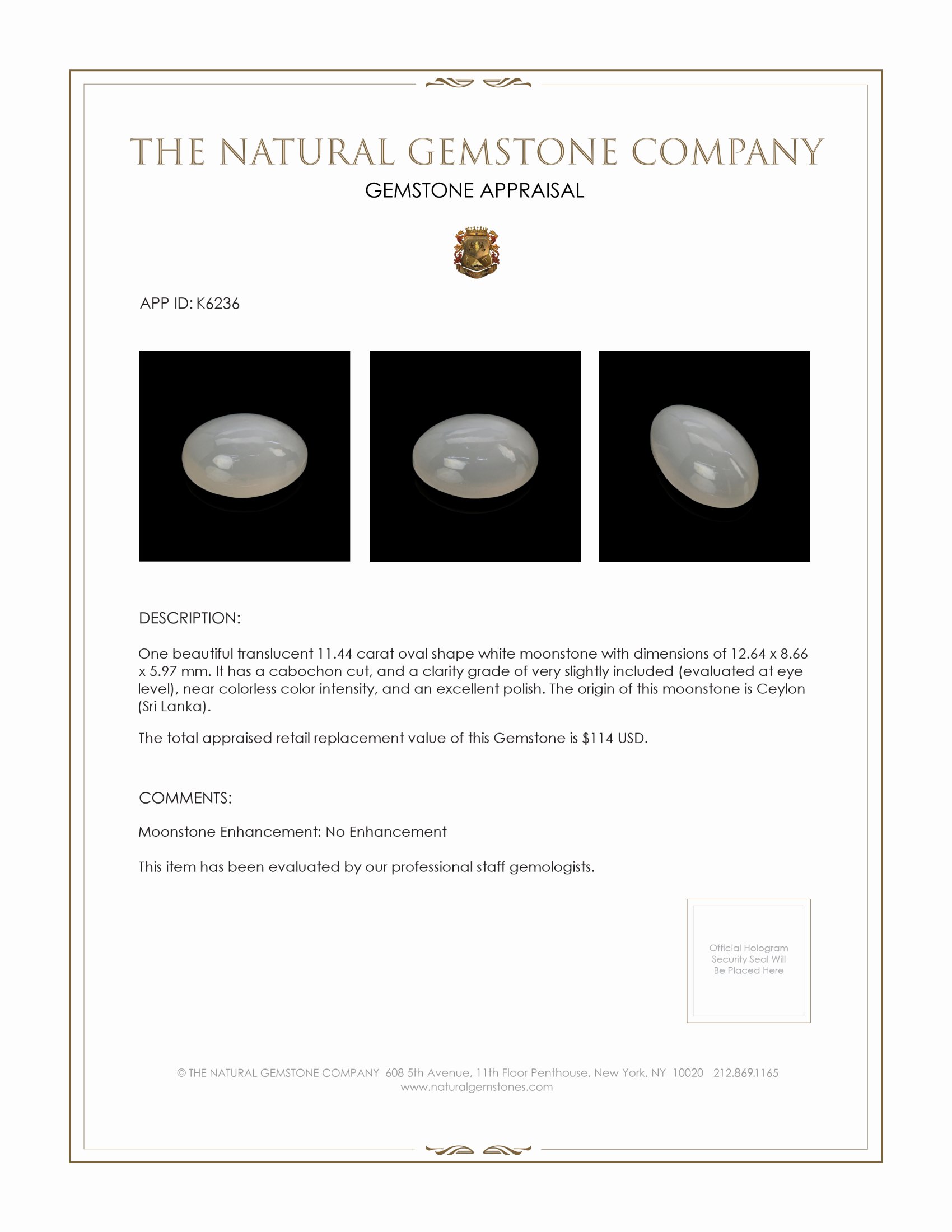 11.44 Ct. Cabochon Moonstone from Ceylon (Sri Lanka)