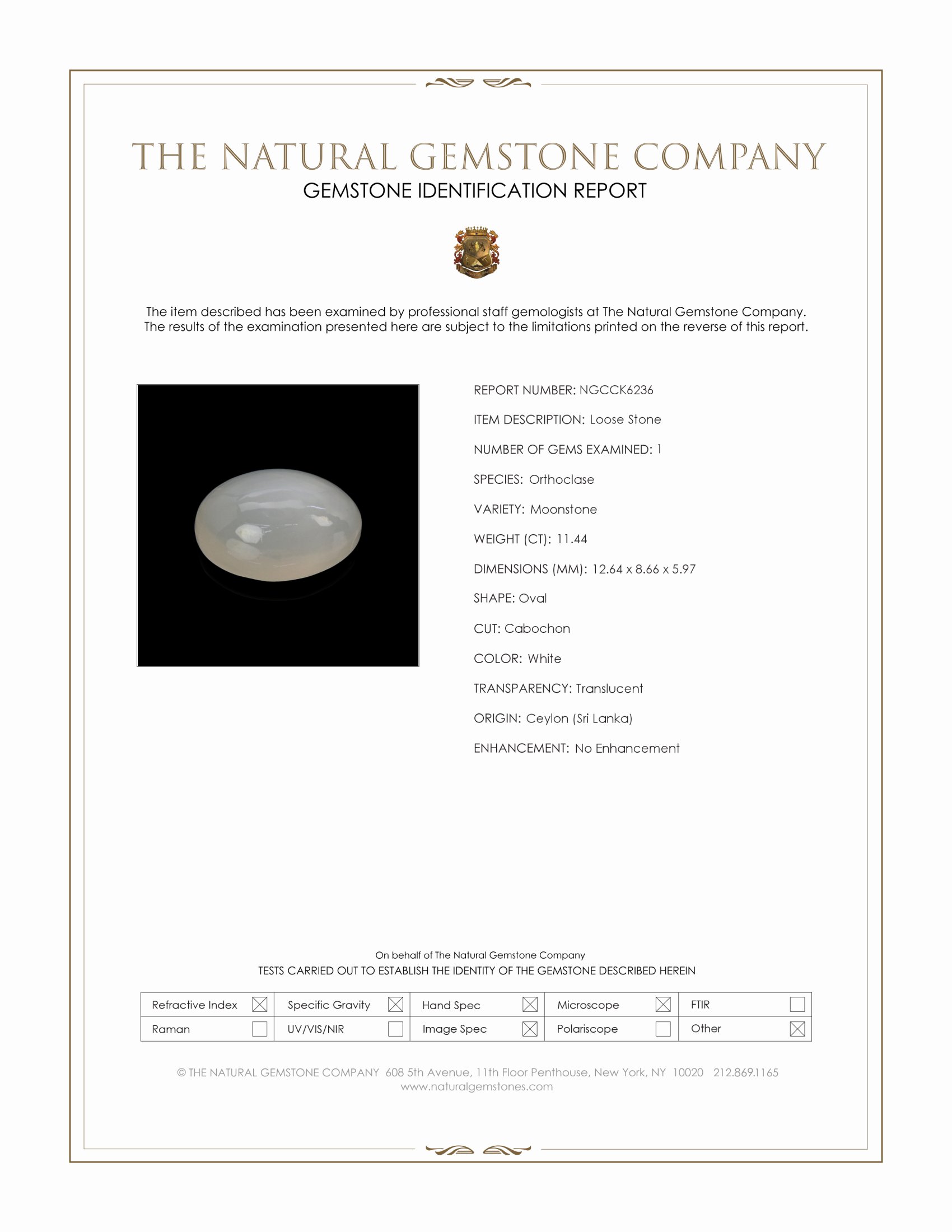 11.44 Ct. White Cabochon Moonstone from Ceylon (Sri Lanka)