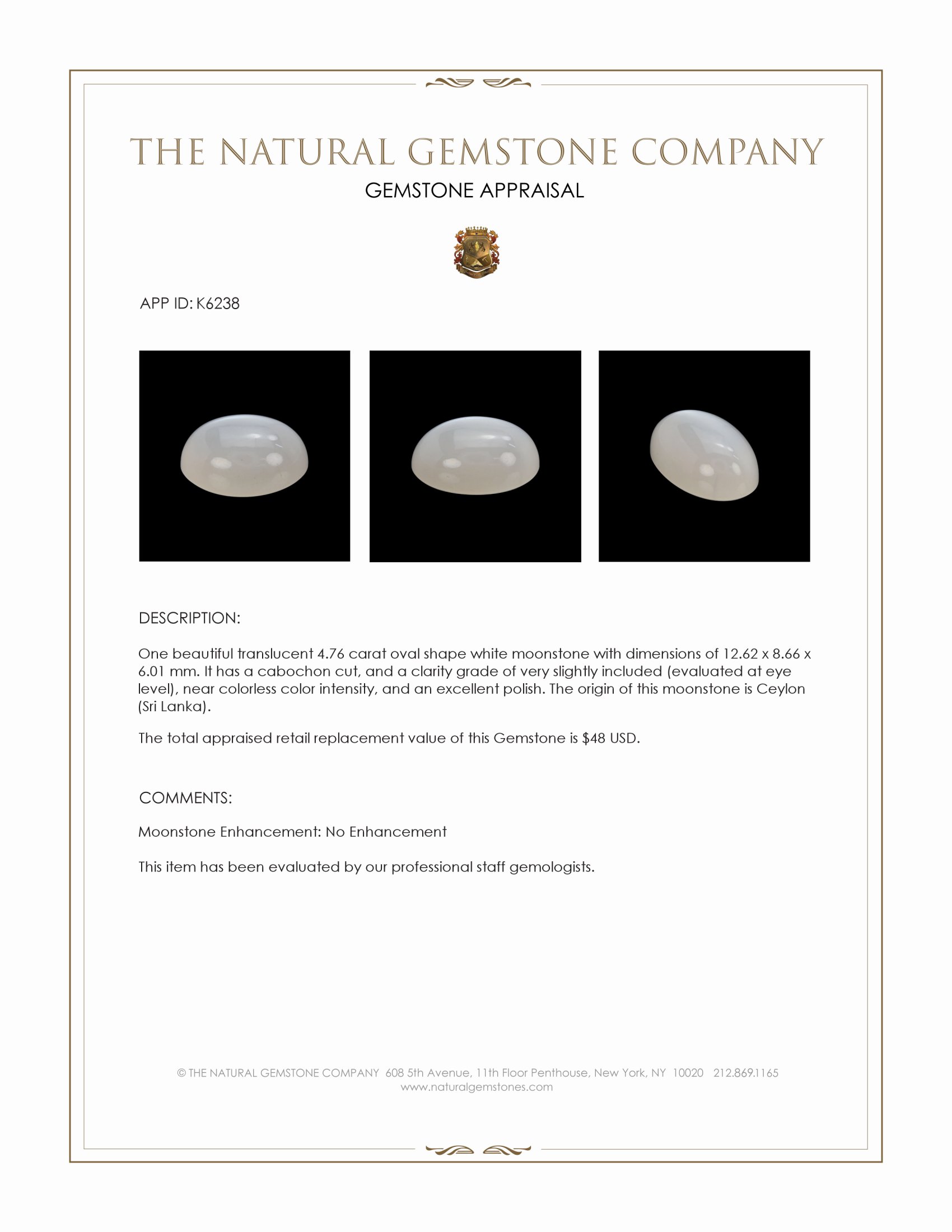 4.76 Ct. White Cabochon Moonstone from Ceylon (Sri Lanka)