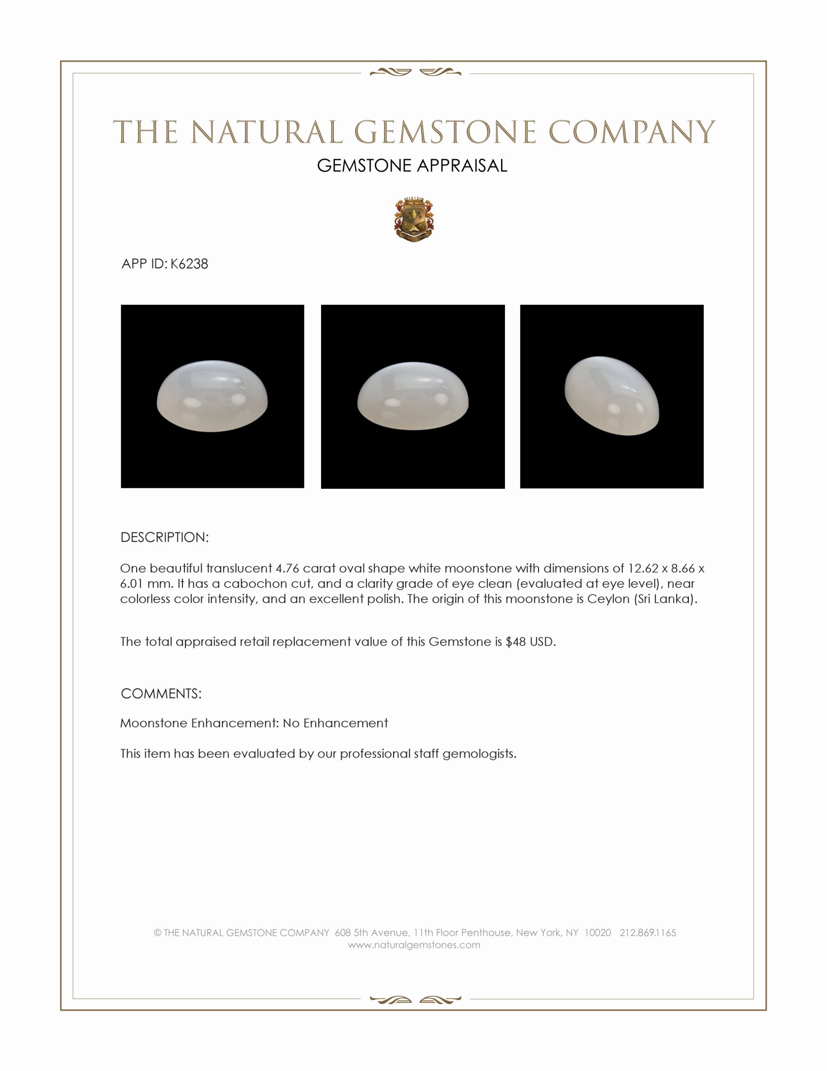 4.76 Ct. White Cabochon Cat’s Eye Moonstone from Ceylon (Sri Lanka)