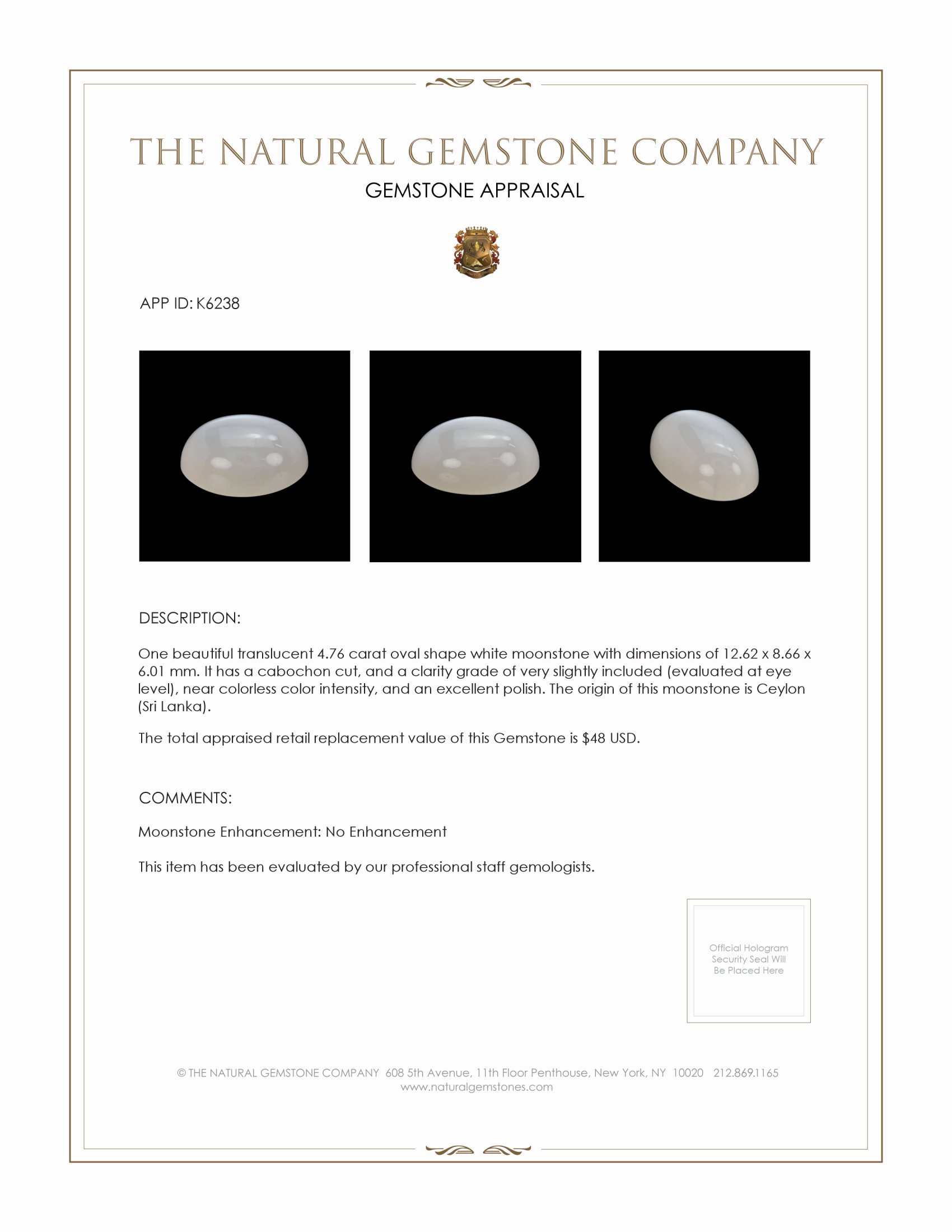 4.76 Ct. Cabochon Moonstone from Ceylon (Sri Lanka)