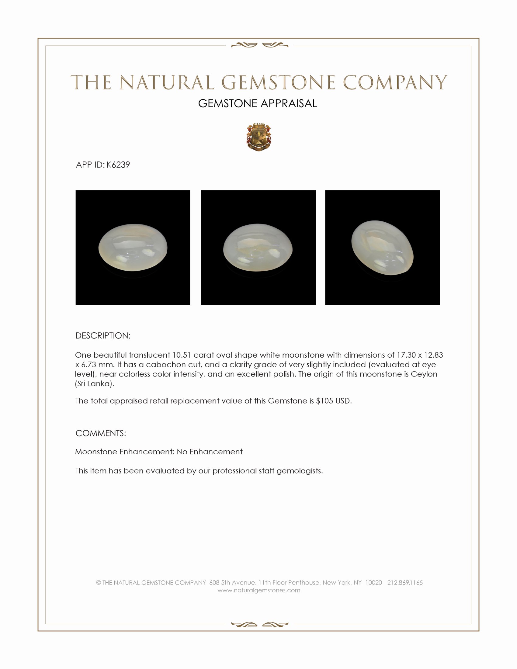 10.51 Ct. Cabochon Moonstone from Ceylon (Sri Lanka)