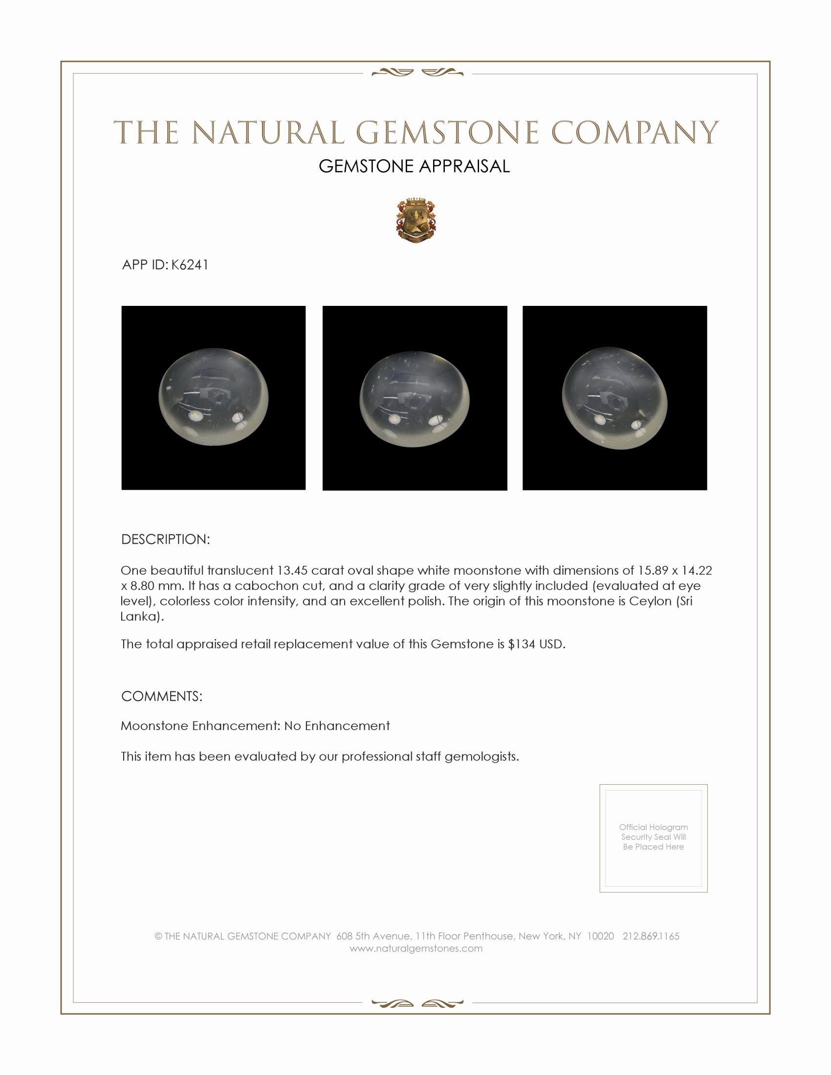 13.45 Ct. Cabochon Moonstone from Ceylon (Sri Lanka)