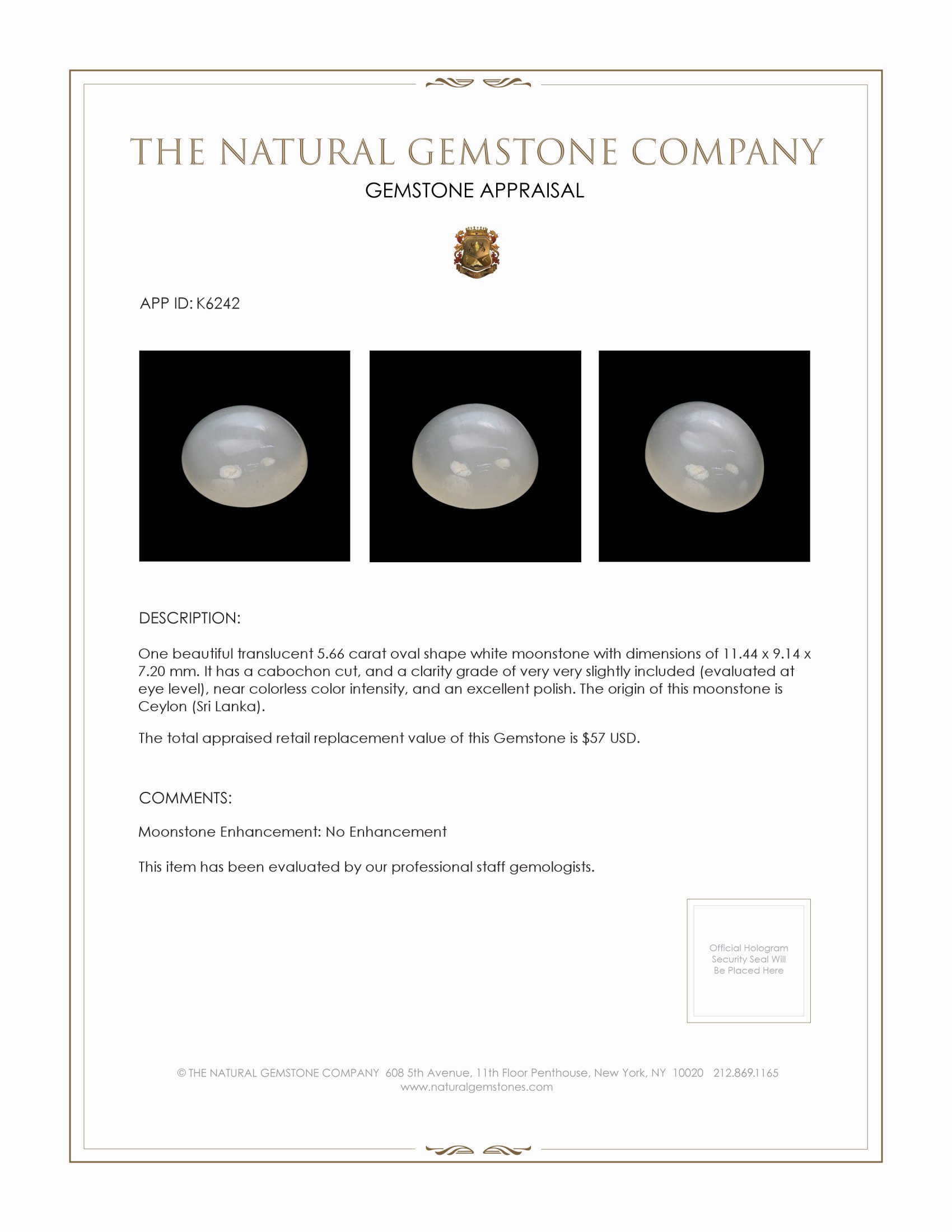 5.66 Ct. Cabochon Moonstone from Ceylon (Sri Lanka)