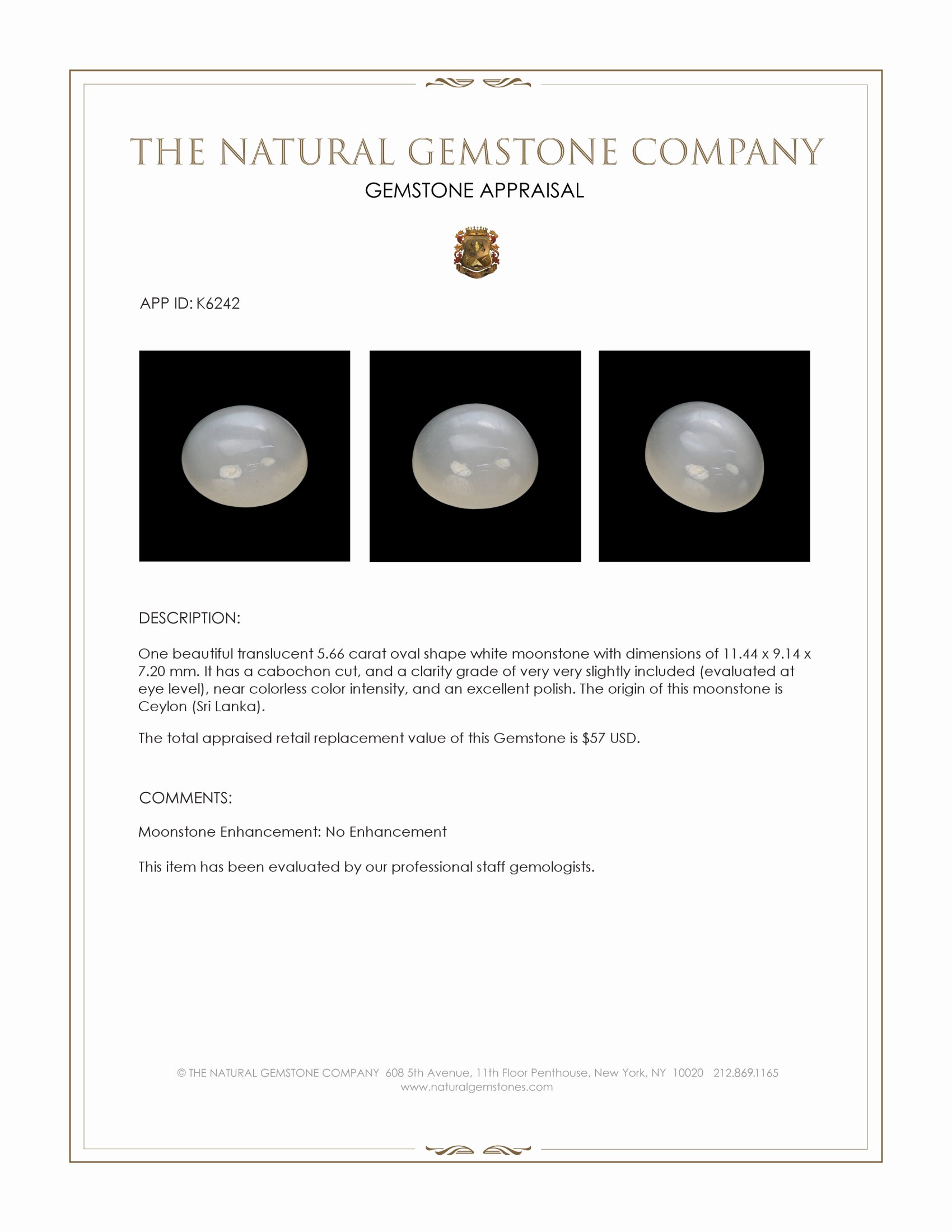 5.66 Ct. Cabochon Moonstone from Ceylon (Sri Lanka)