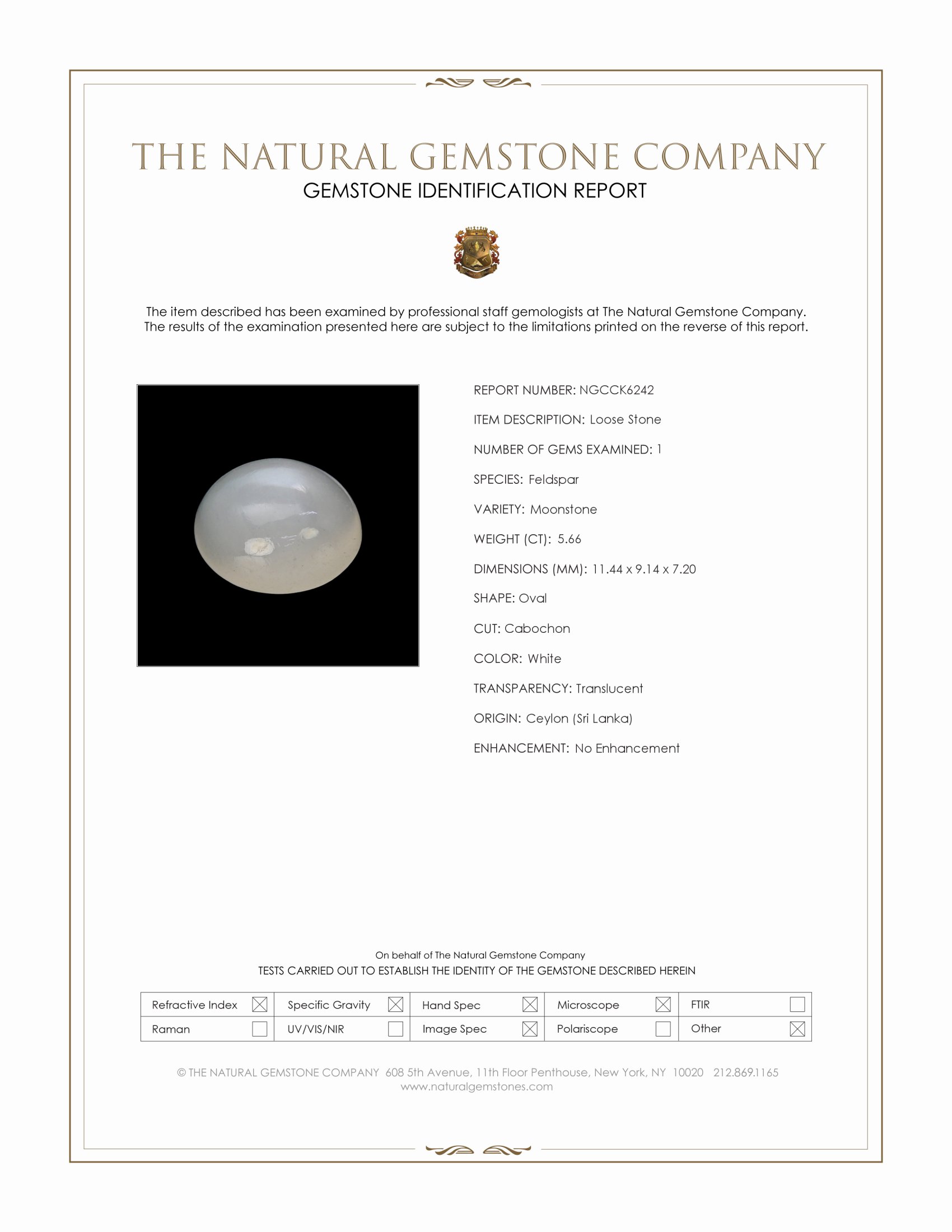 5.66 Ct. White Cabochon Moonstone from Ceylon (Sri Lanka)