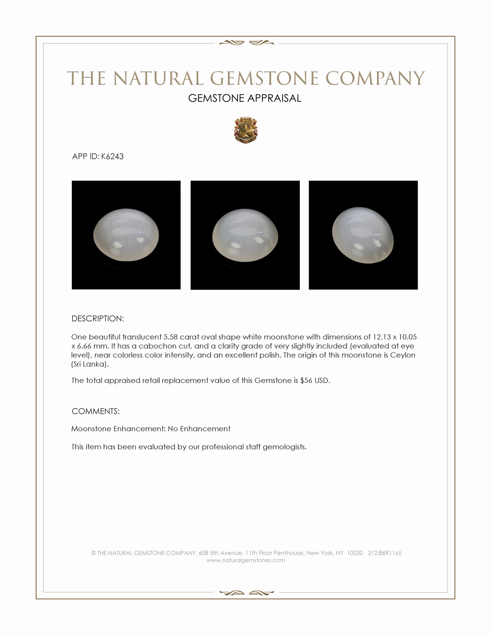 5.58 Ct. Cabochon Moonstone from Ceylon (Sri Lanka)