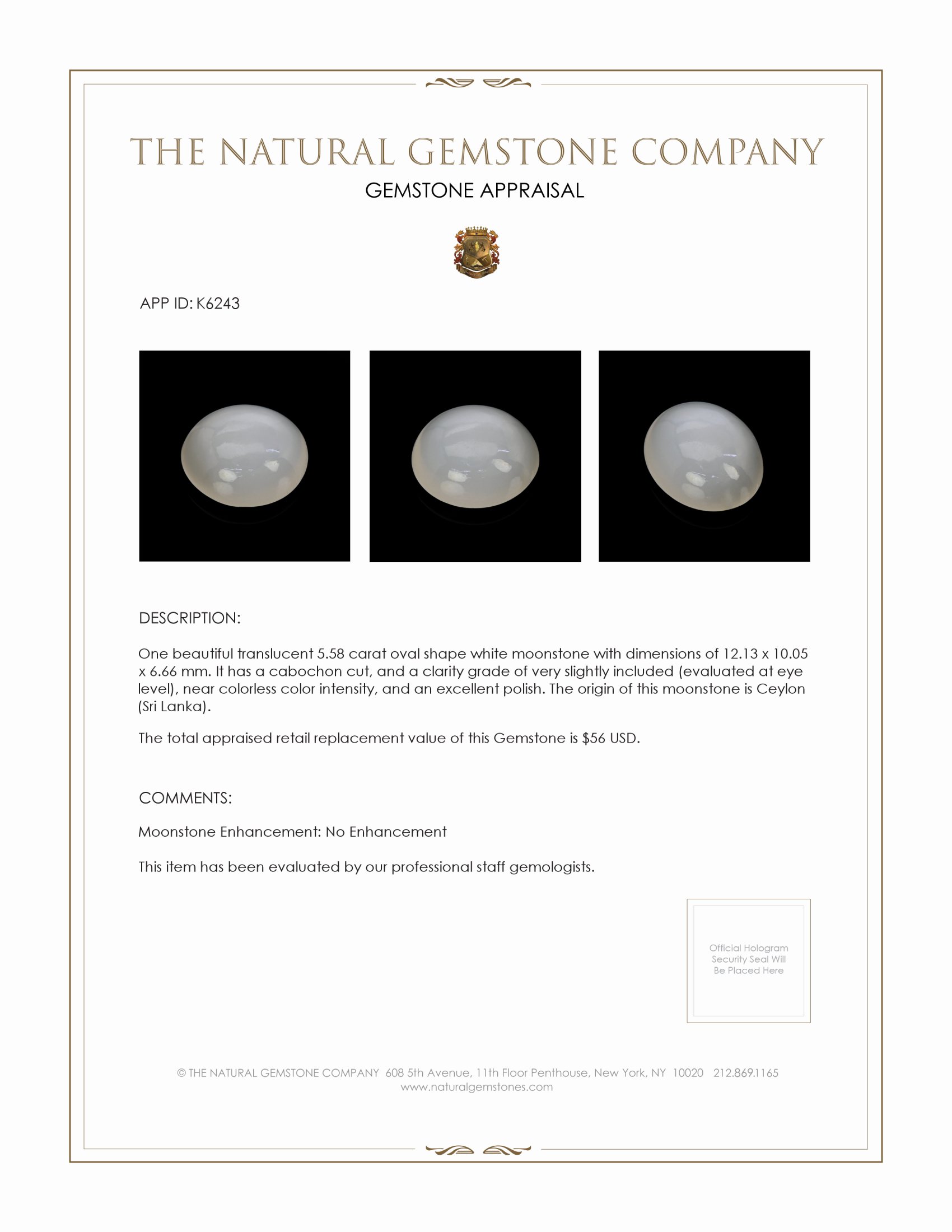 5.58 Ct. Cabochon Moonstone from Ceylon (Sri Lanka)