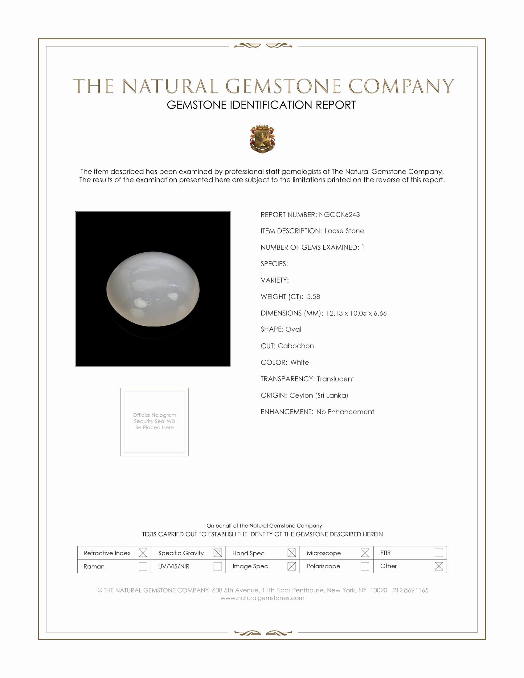 5.58 Ct. White Cabochon Moonstone from Ceylon (Sri Lanka)