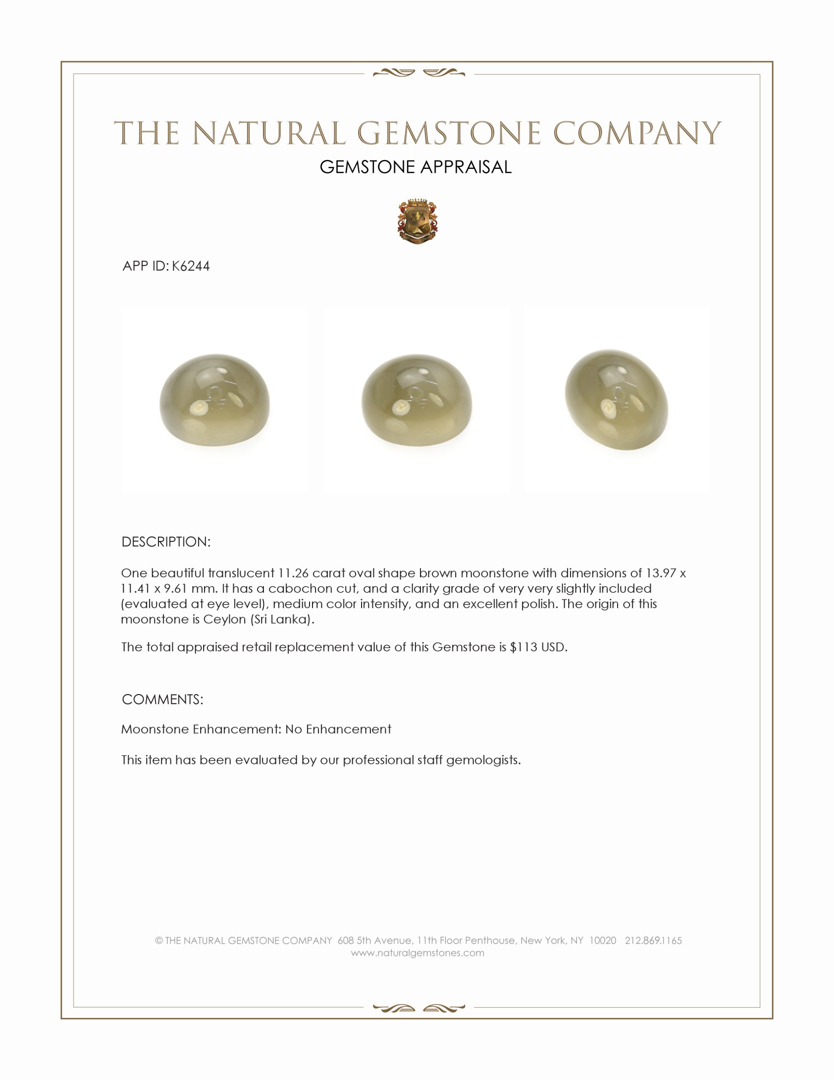 11.26 Ct. Brown Cabochon Moonstone from Ceylon (Sri Lanka)