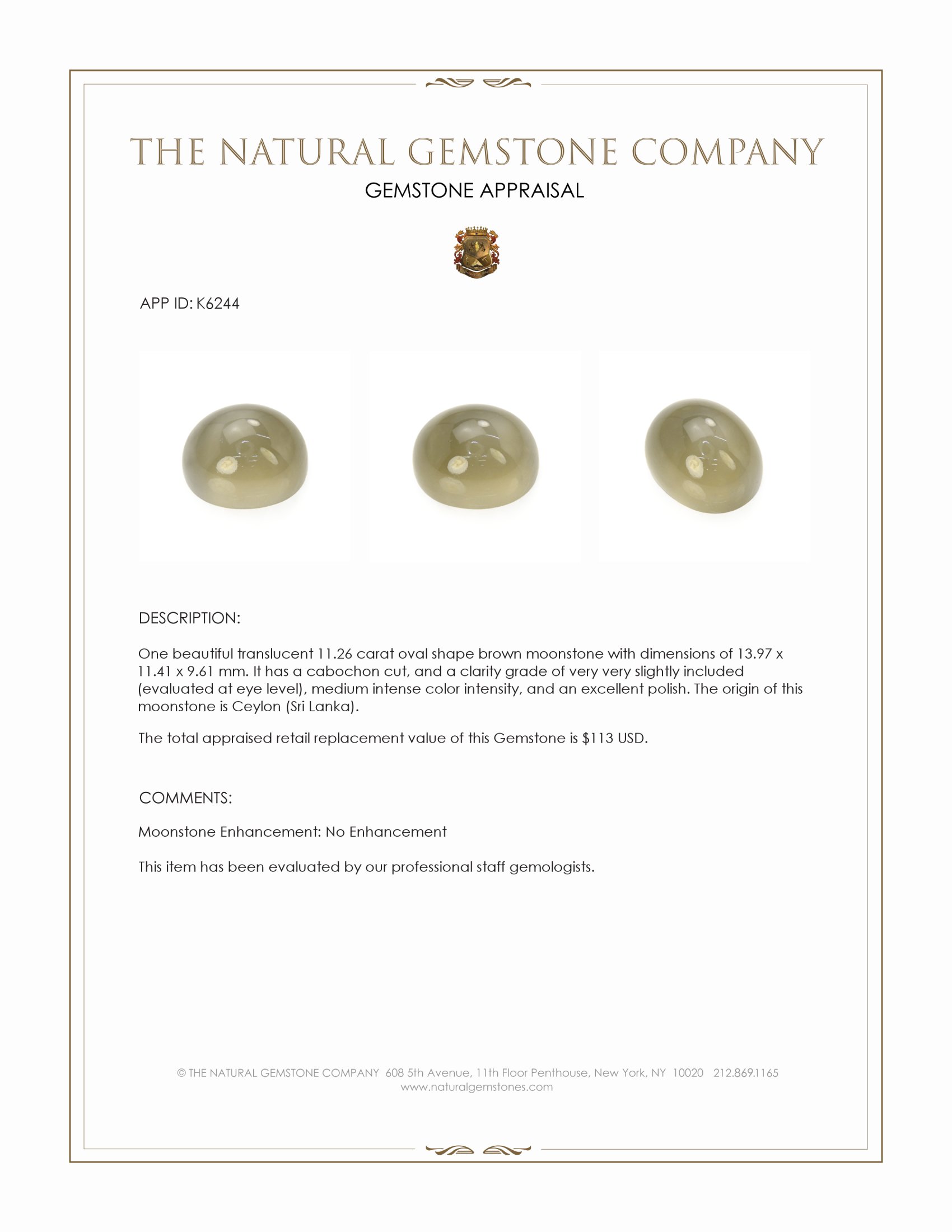 11.26 Ct. Cabochon Moonstone from Ceylon (Sri Lanka)