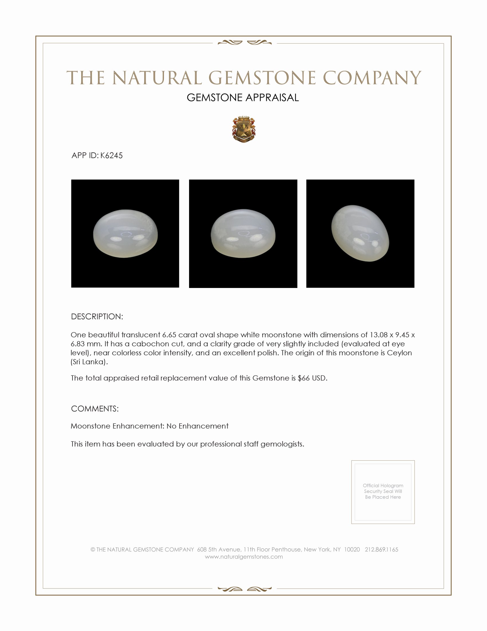 6.65 Ct. Cabochon Moonstone from Ceylon (Sri Lanka)