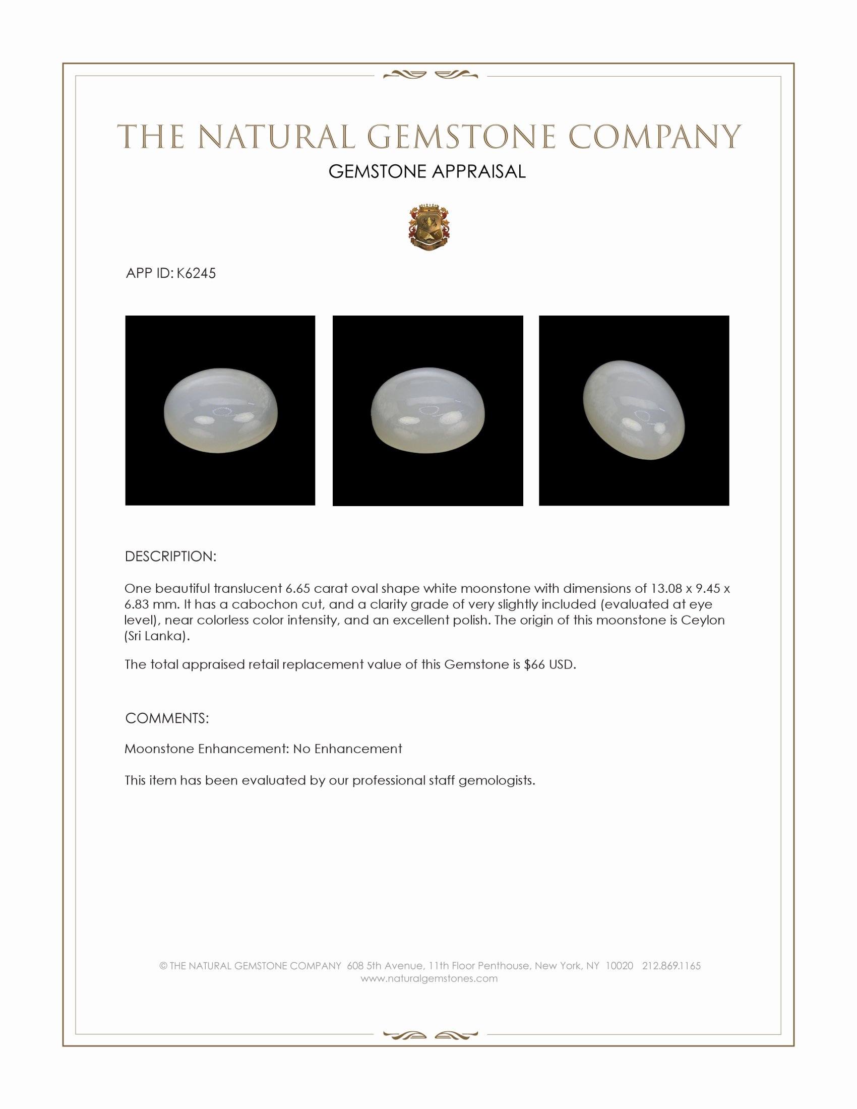 6.65 Ct. Cabochon Moonstone from Ceylon (Sri Lanka)