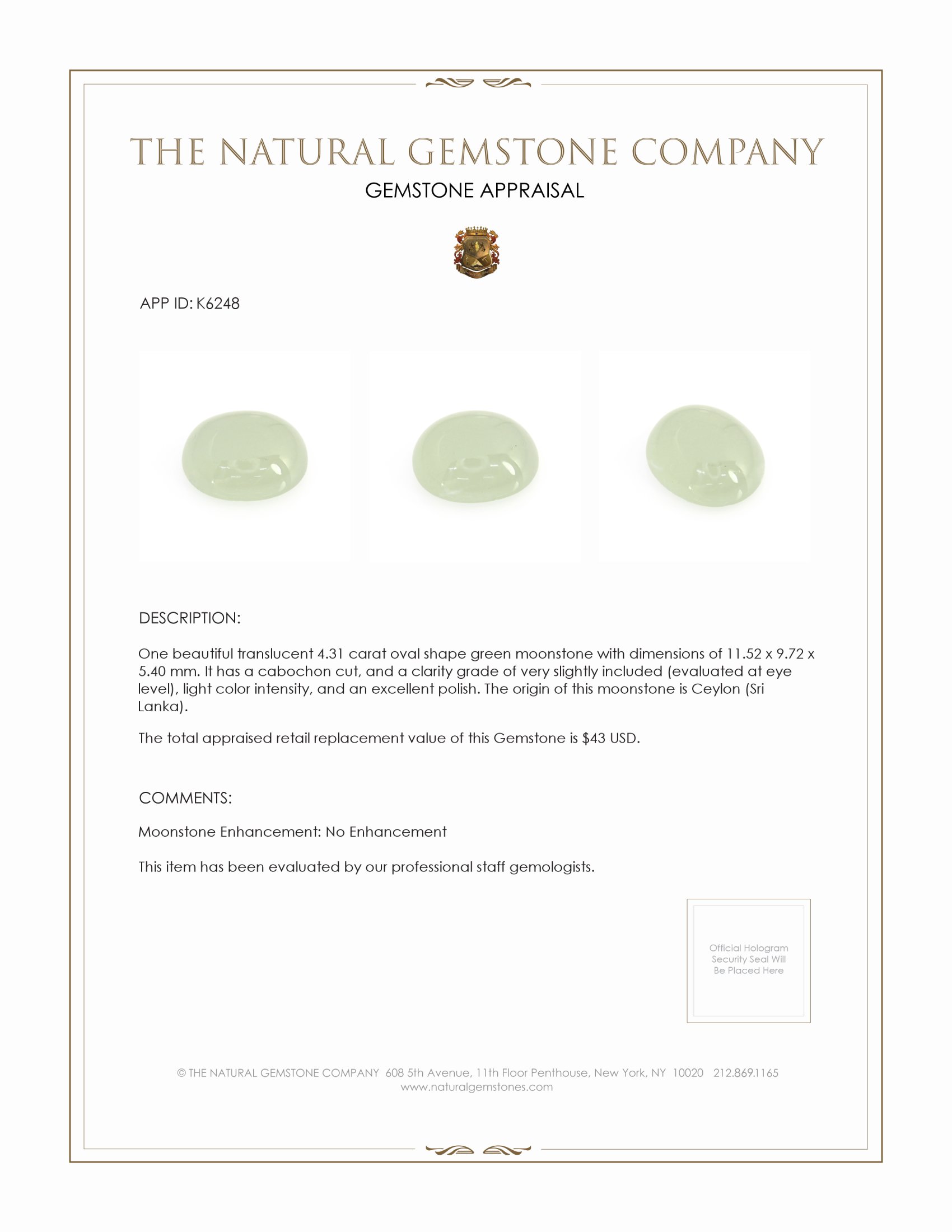 4.31 Ct. Green Cabochon Moonstone from Ceylon (Sri Lanka)