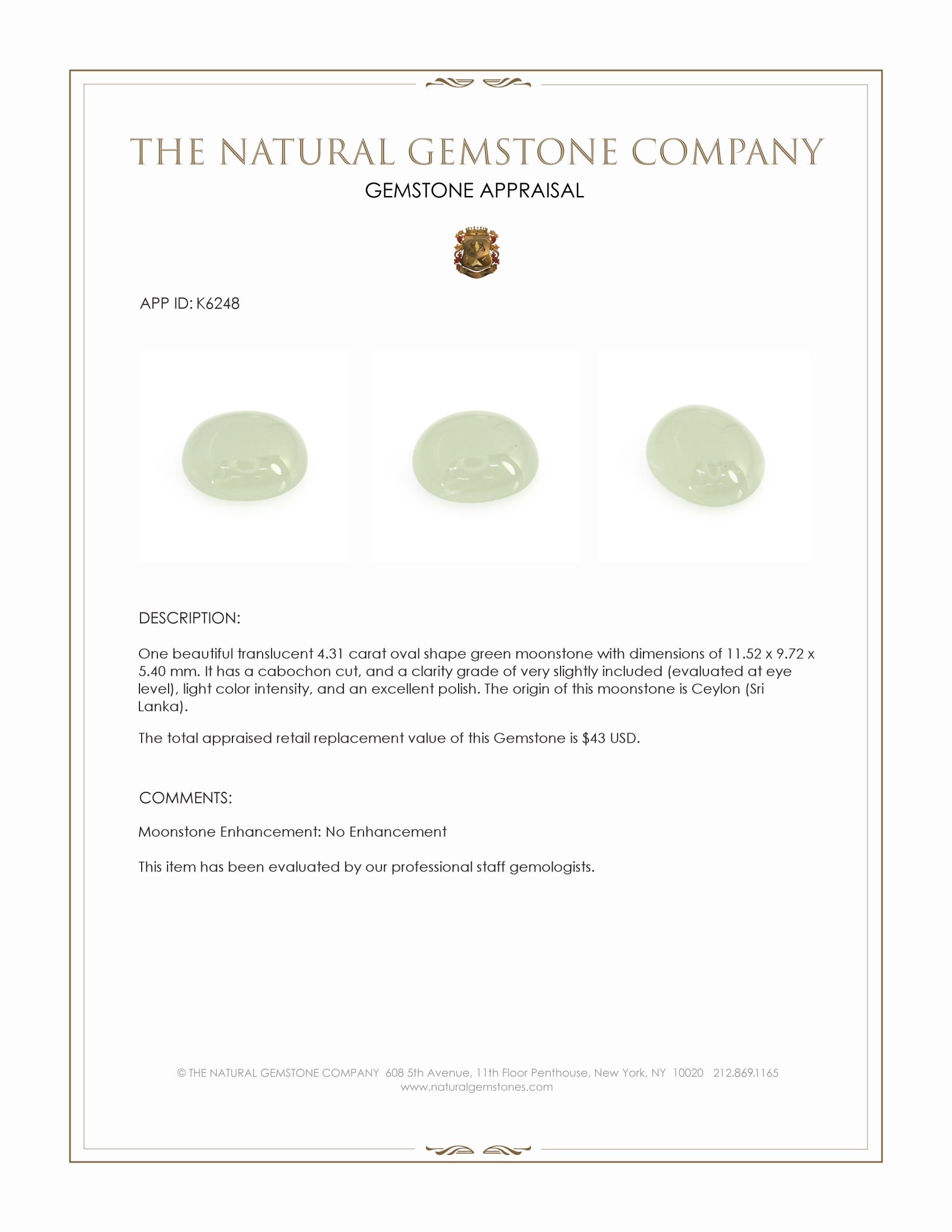 4.31 Ct. Cabochon Moonstone from Ceylon (Sri Lanka)