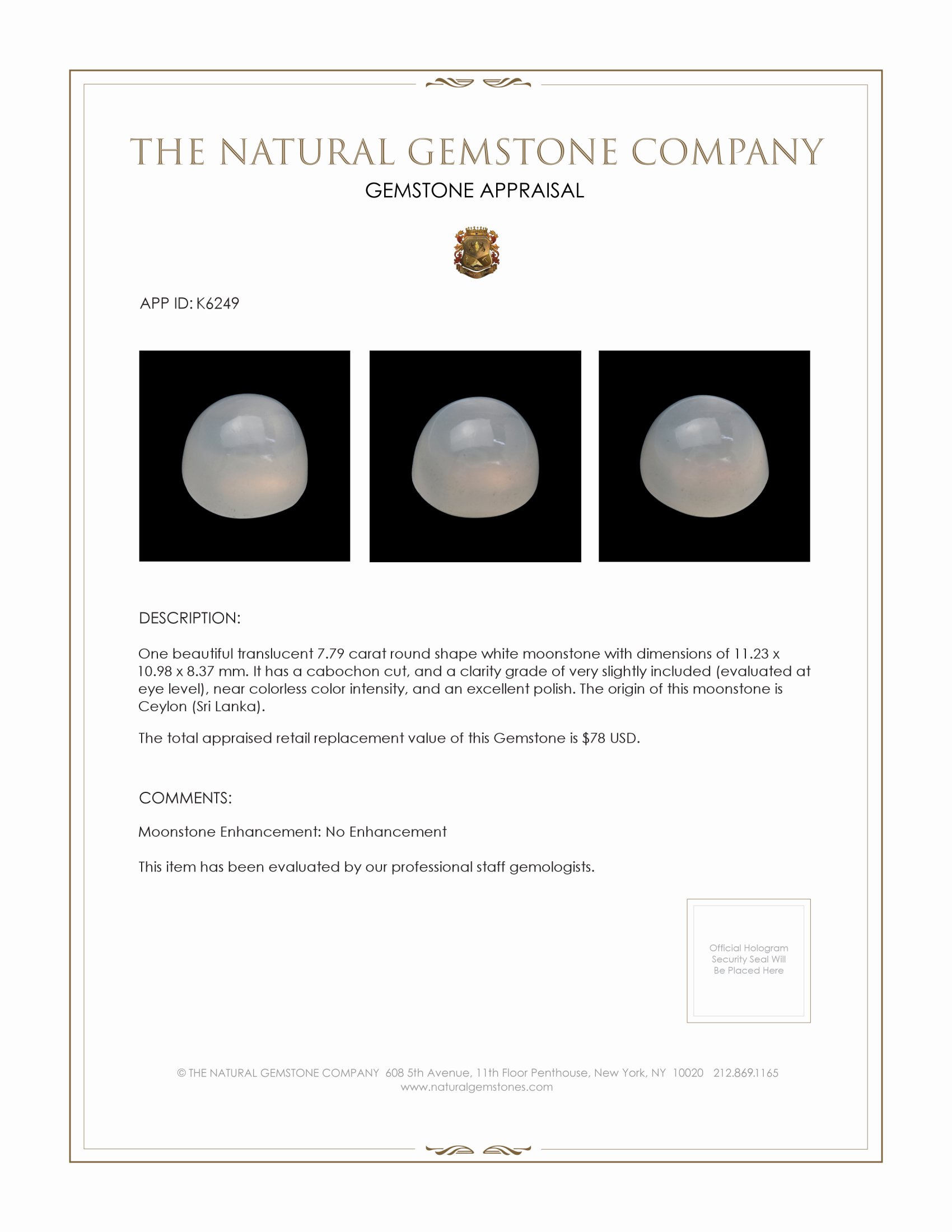 7.79 Ct. Cabochon Moonstone from Ceylon (Sri Lanka)