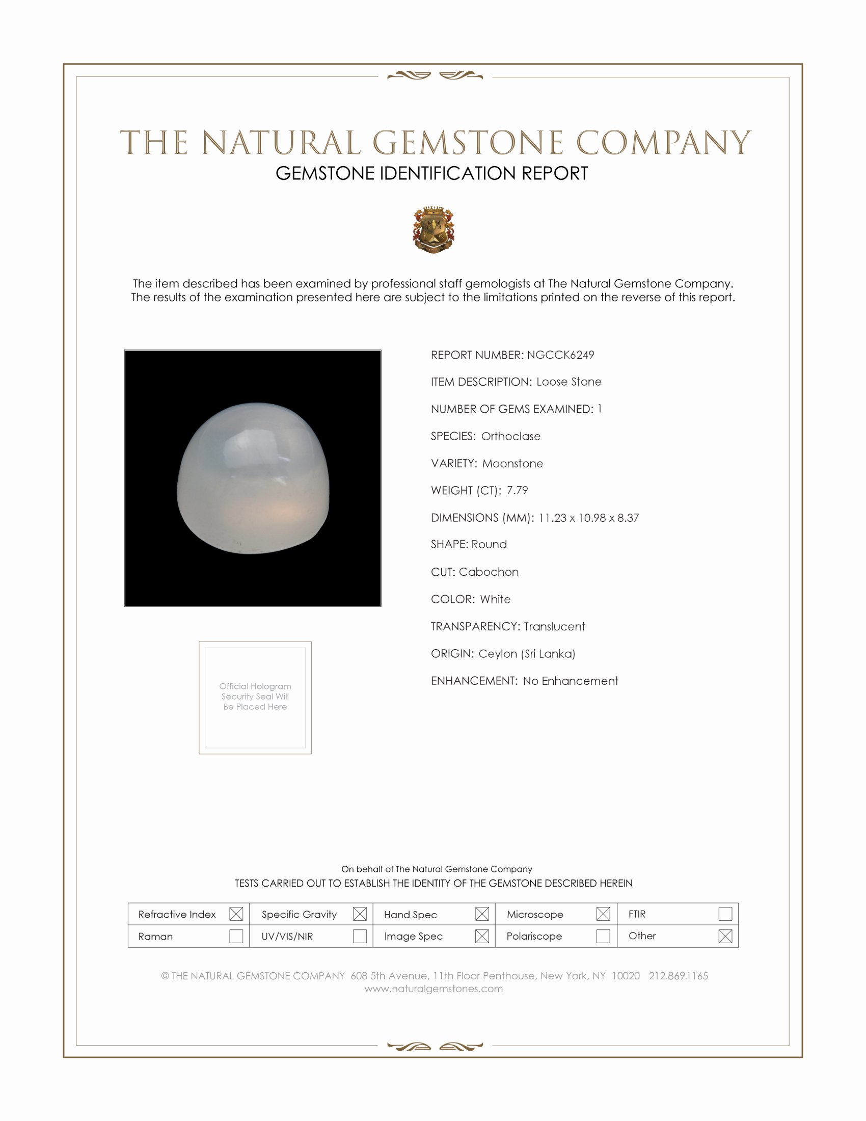 7.79 Ct. White Cabochon Moonstone from Ceylon (Sri Lanka)