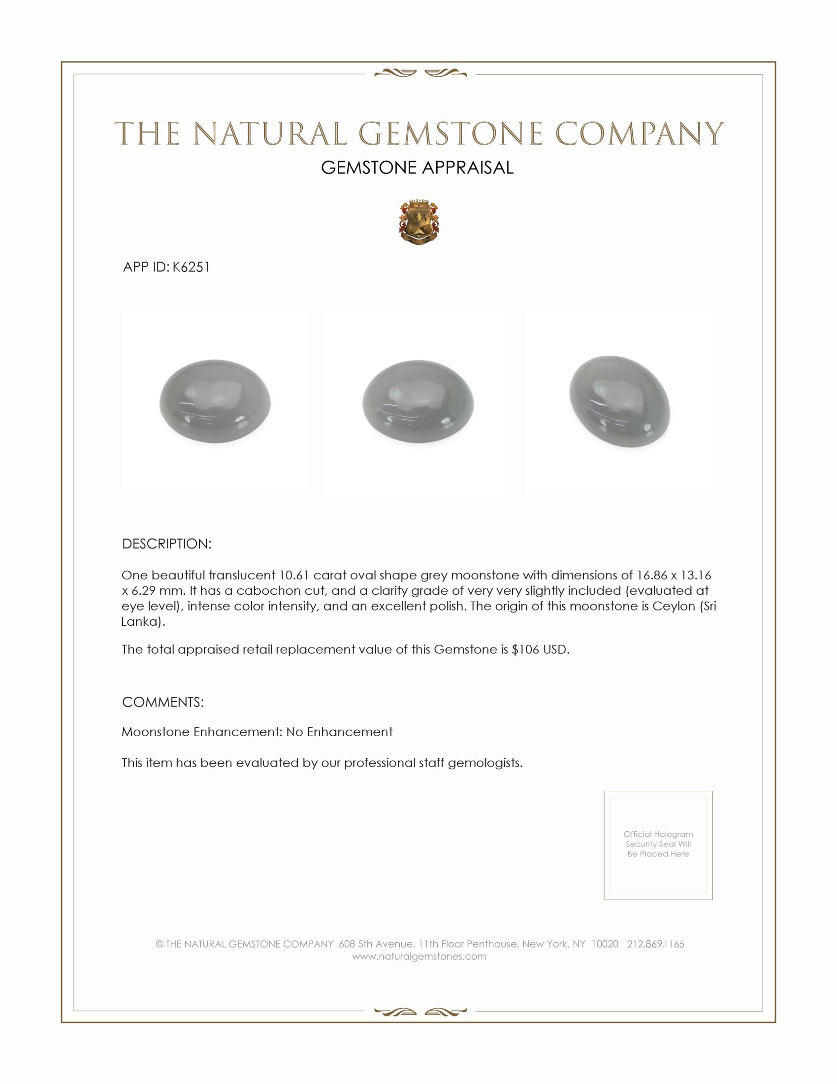 10.61 Ct. Grey Cabochon Moonstone from Ceylon (Sri Lanka)