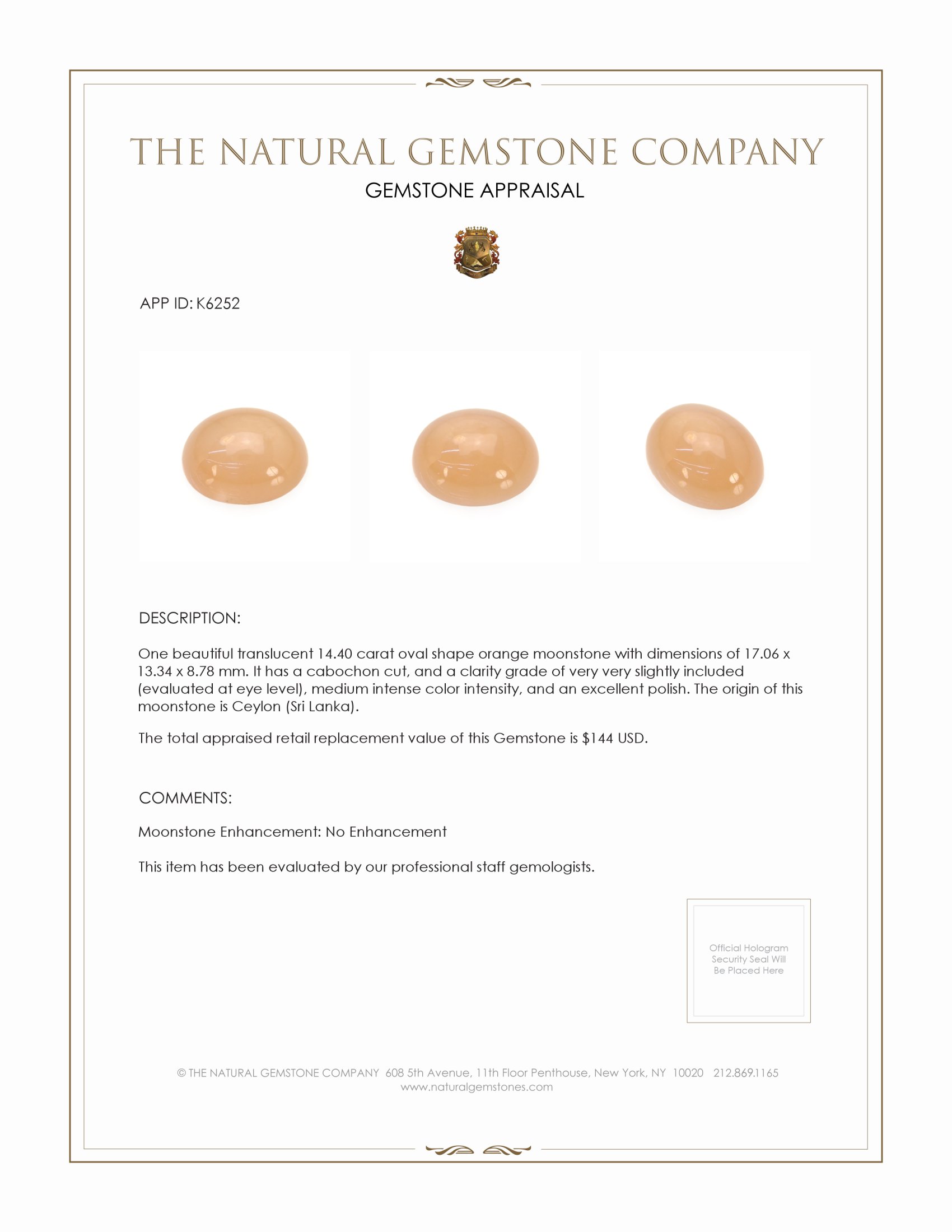 14.40 Ct. Cabochon Moonstone from Ceylon (Sri Lanka)